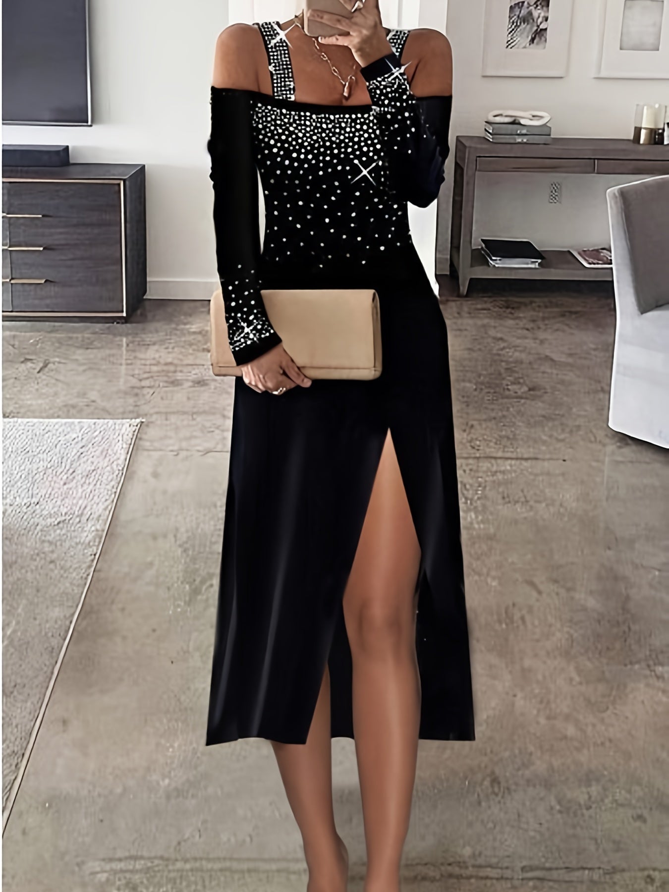 Chic Cold Shoulder Sequined Pencil Dress – Sophisticated Off-the-Shoulder Elegance for Spring/Fall