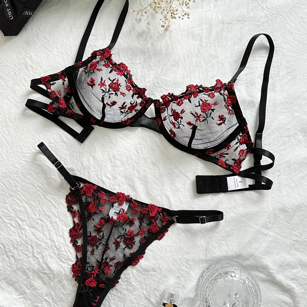 Floral Embroidery Lingerie Set, Cut Out Unlined Bra & Mesh Thong, Women's Sexy Lingerie & Underwear