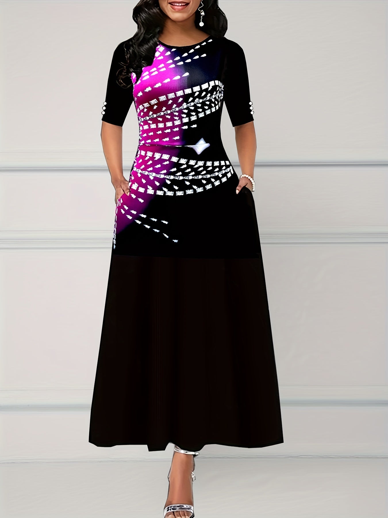Vibrant Floral Print Half Sleeve Pendulum Dress - Soft Micro Elasticity, Crew Neck, Pocket Details, Machine Washable - Perfect Casual Wear for Women in Spring, Summer, and All Seasons
