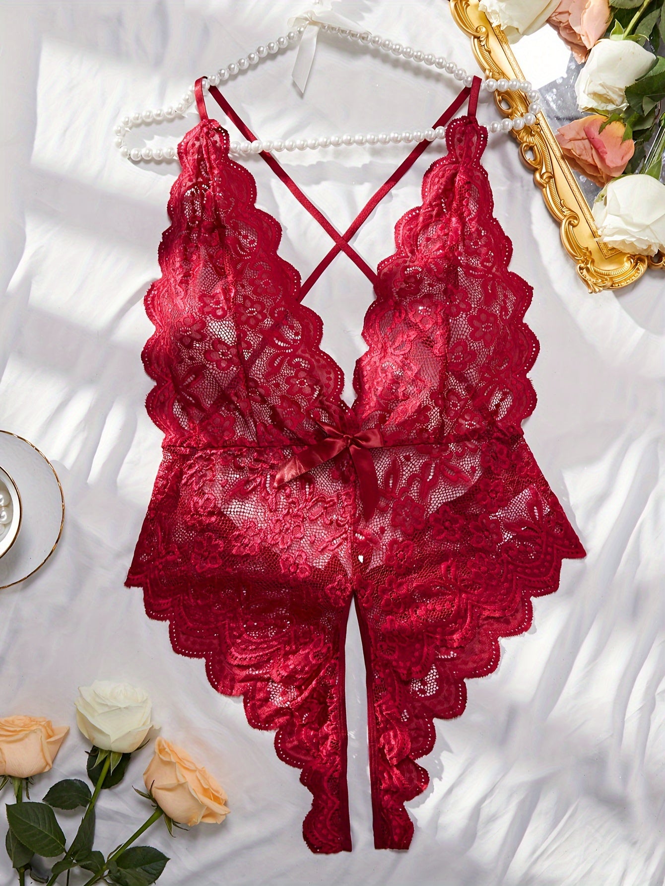 Plus Size Seductive Floral Lace Bodysuit - Plunging Halter Neck, Open Crotch, Medium Stretch, Sheer, Knit Fabric, Polyester Material - Sexy Lingerie for Women