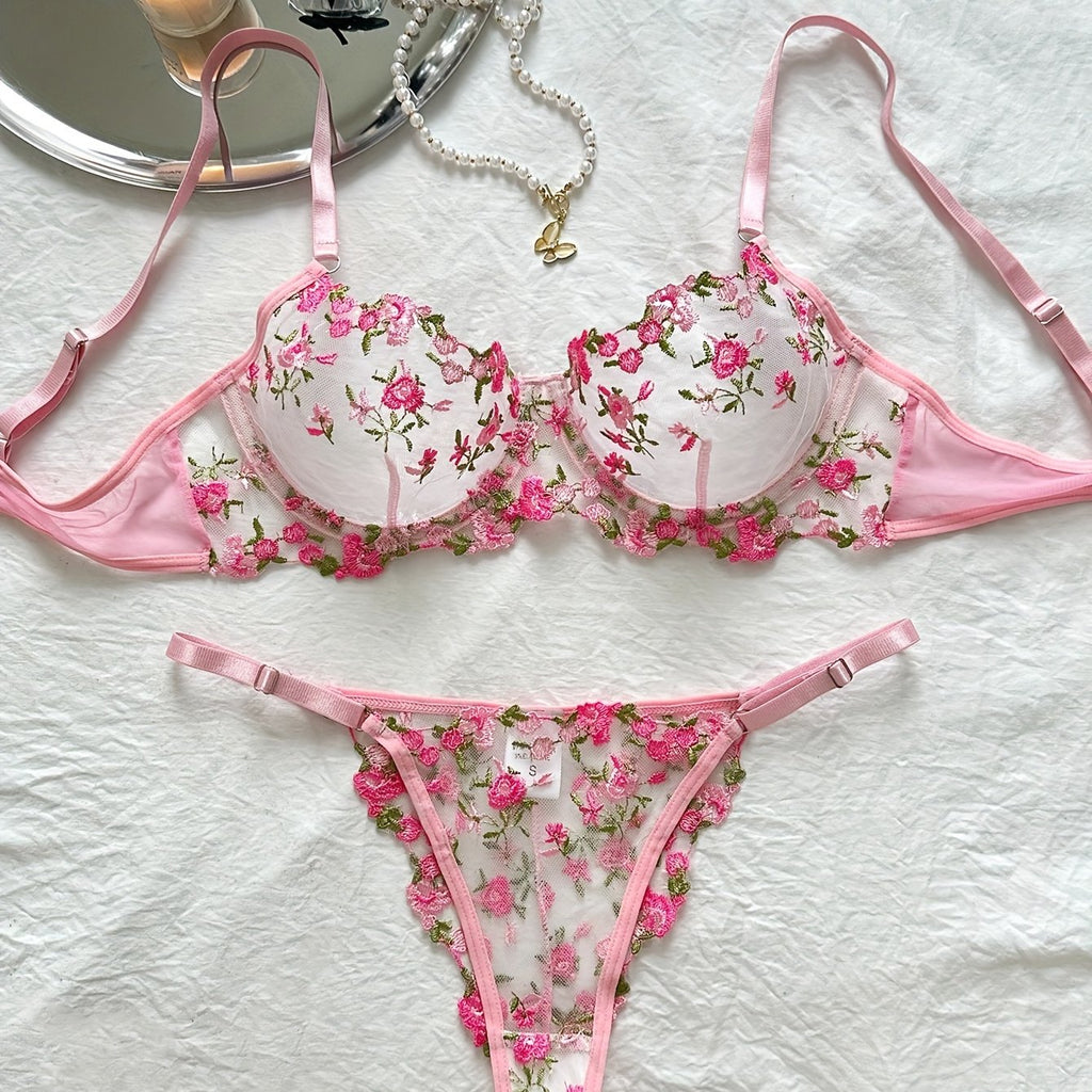 Romantic Floral Embroidery Lingerie Set - Delicate Mesh Unlined Bra & Sheer Thong - Womens Seductive, Comfortable Underwear for Intimate Glamour - Perfect Gift Choice