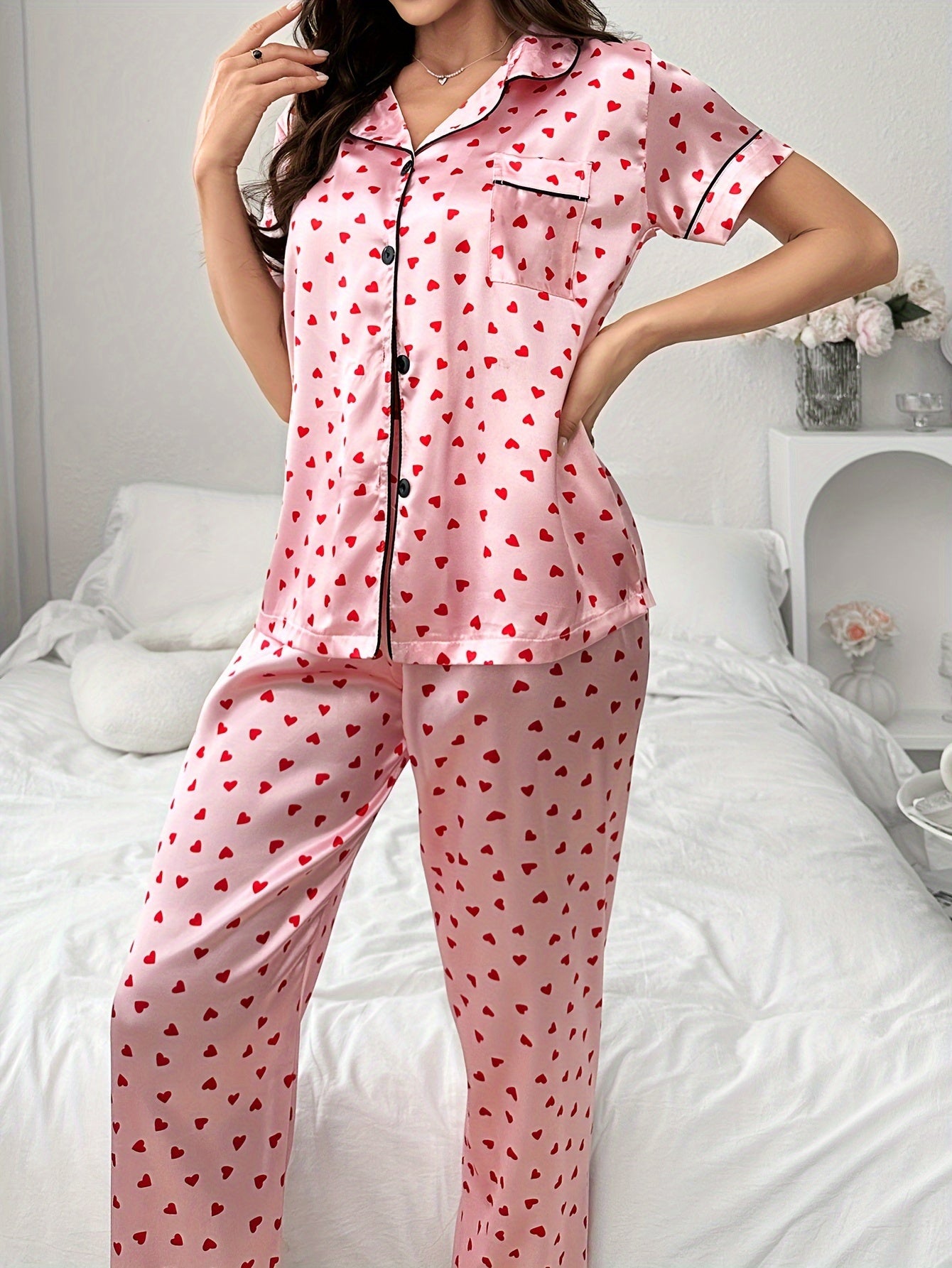 [Sweet Love Pajamas] New Sweet Spring Love Print Short-Sleeved Pajamas And Summer Home Clothing Set Cardigan Pants