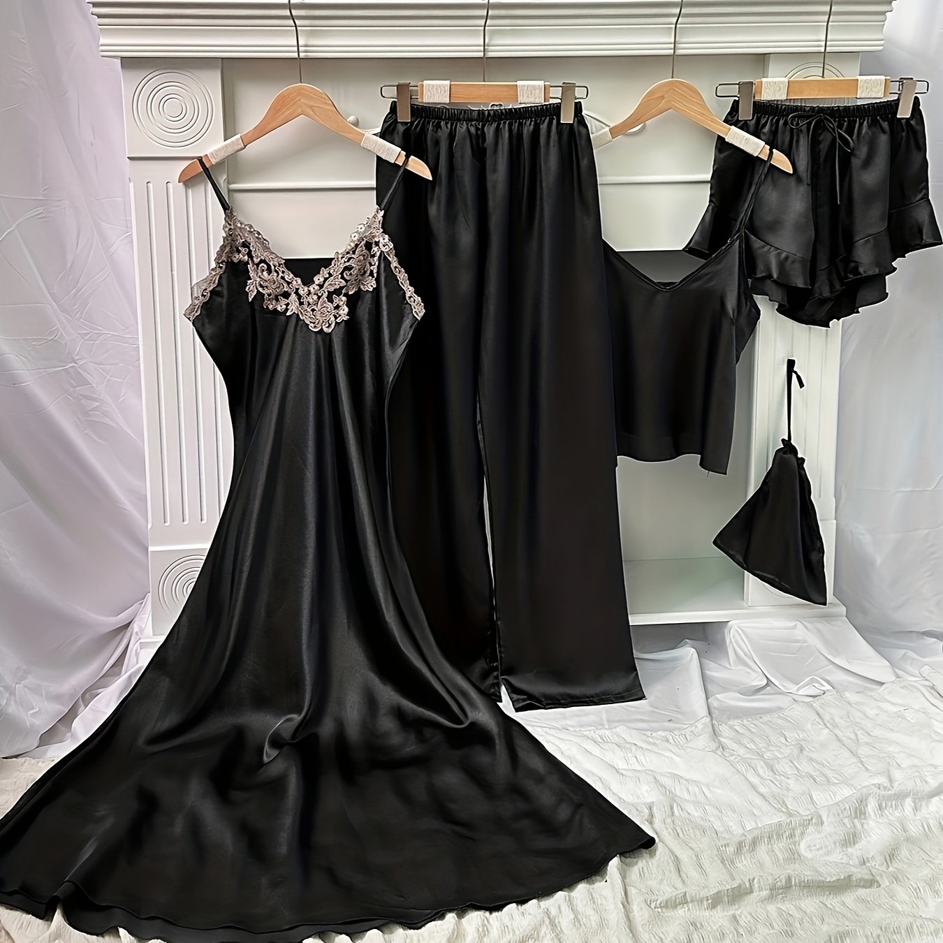 Elegant 5-Piece Women’s Satin Sleep Set: V-Neck, Lace Detail, All-Season Loungewear & Pajamas