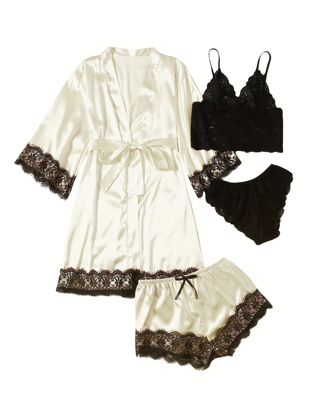 Women' Silk Satin Pajamas Set 4pcs Lingerie Floral Lace Cami Sleepwear with Robe