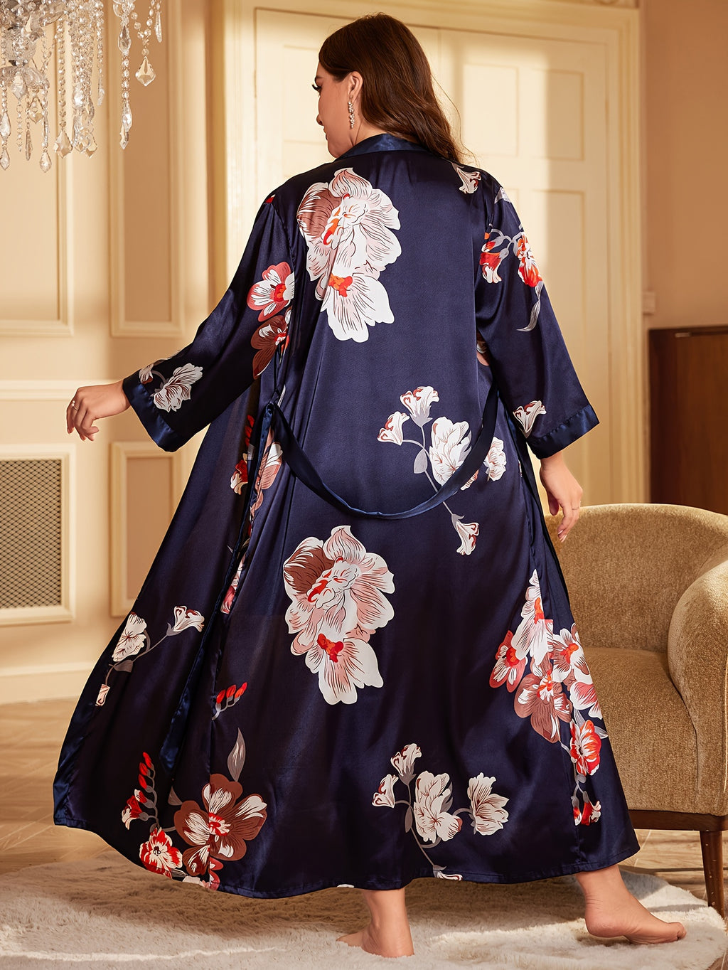 Plus Size Elegant Pajamas Set, Women's Plus Floral Print Long Sleeve Open Front Satin Belted Robe & Cami Dress Lounge 2 Piece Set