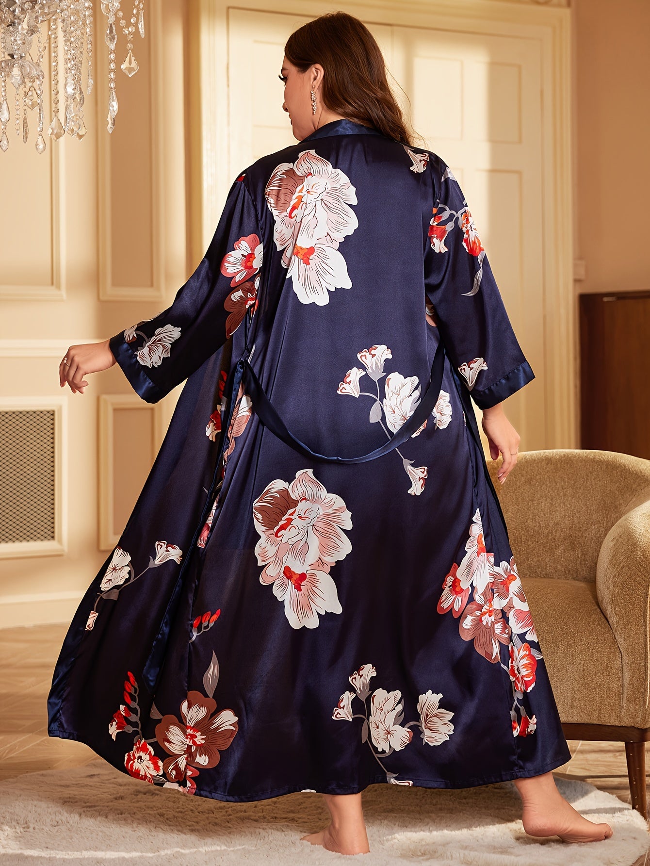 Plus Size Elegant Pajamas Set, Women's Plus Floral Print Long Sleeve Open Front Satin Belted Robe & Cami Dress Lounge 2 Piece Set