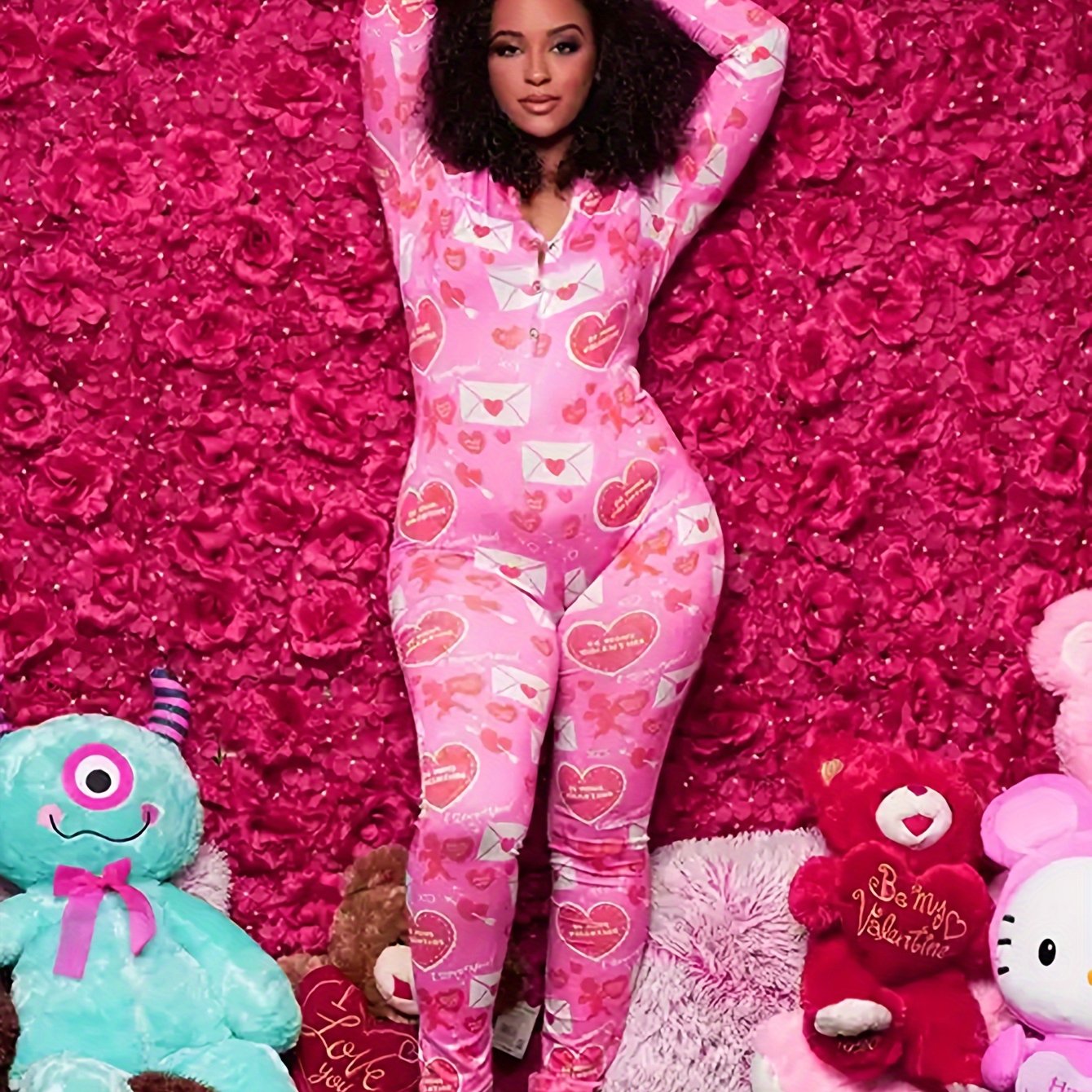 Valentine's Day Heart & Envelope & Slogan Print Jumpsuit, Long Sleeve Button Up V Neck Tapered Leg Pajamas, Women's Sleepwear & Loungewear