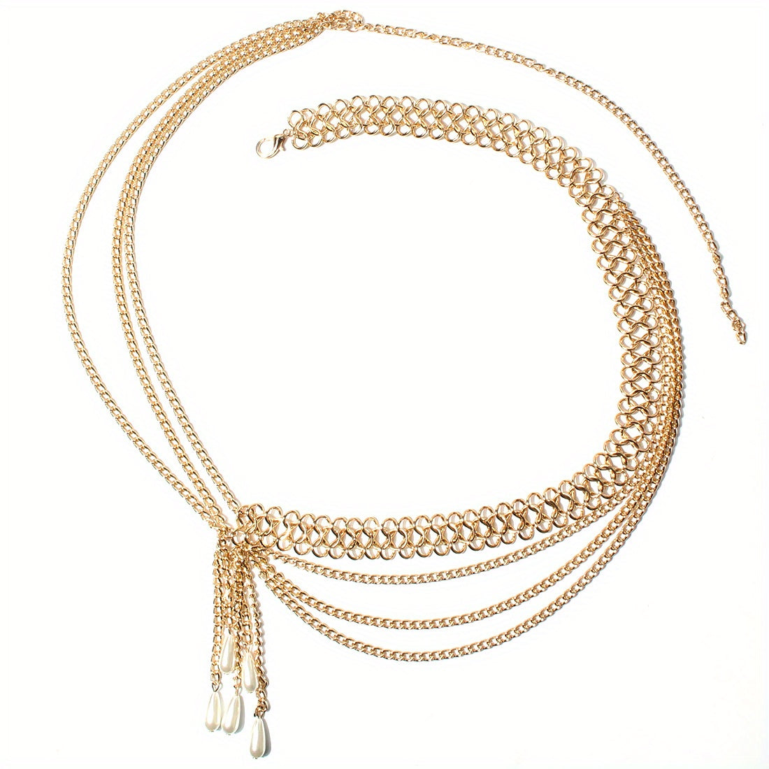 Multi-layer Boho Waist Chain Vintage Geometric Faux Pearl Pendant Fringe Chain Belt Golden Decorative Dress Girdle Jewelry For Women And