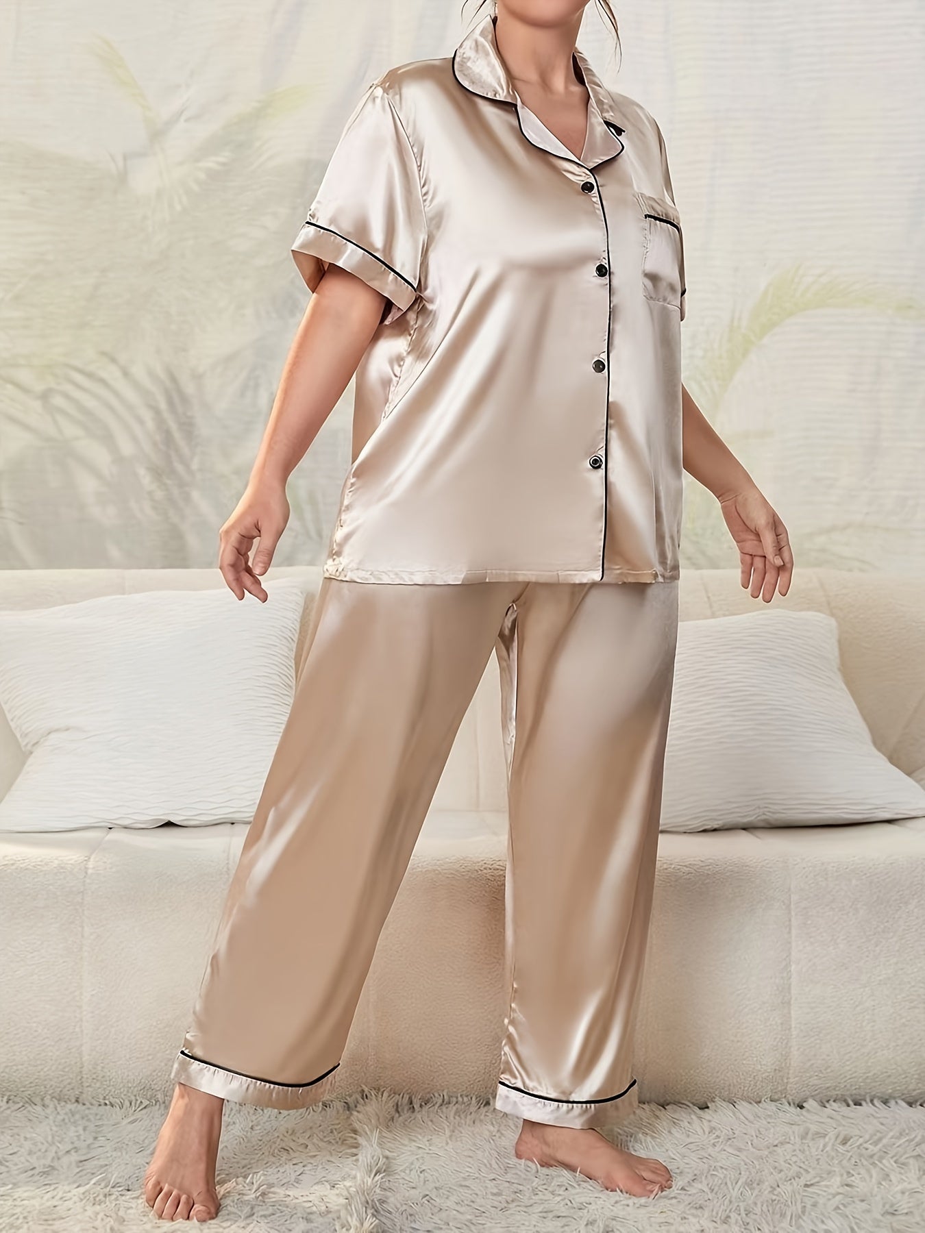 Women's Elegant Pajamas Set, Plus Size Contrast Binding Short Sleeve Button Up Satin Blouse & Pants Lounge 2 Piece Set