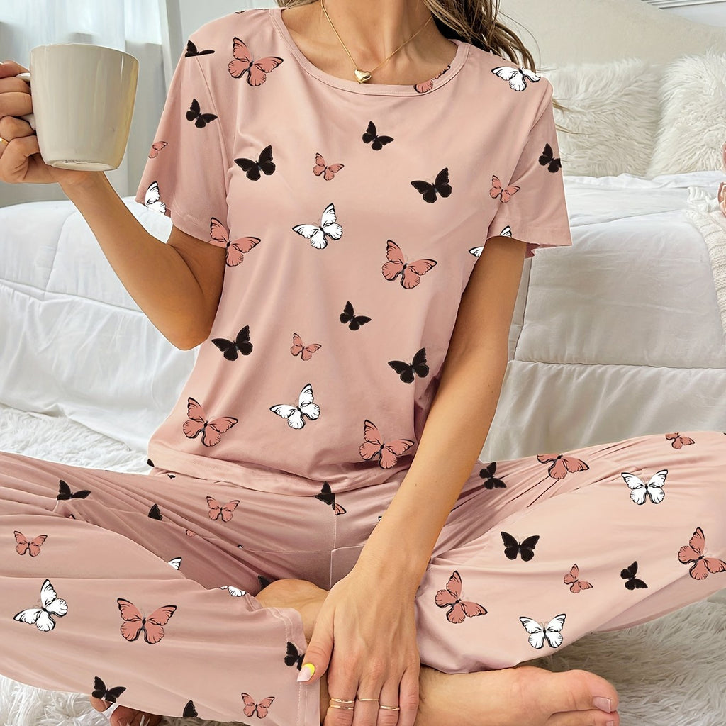 All-Season Chic Butterfly Lounge Set: Flame-Resistant, Comfort-Fit Women's Pajamas with Easy Maintenance