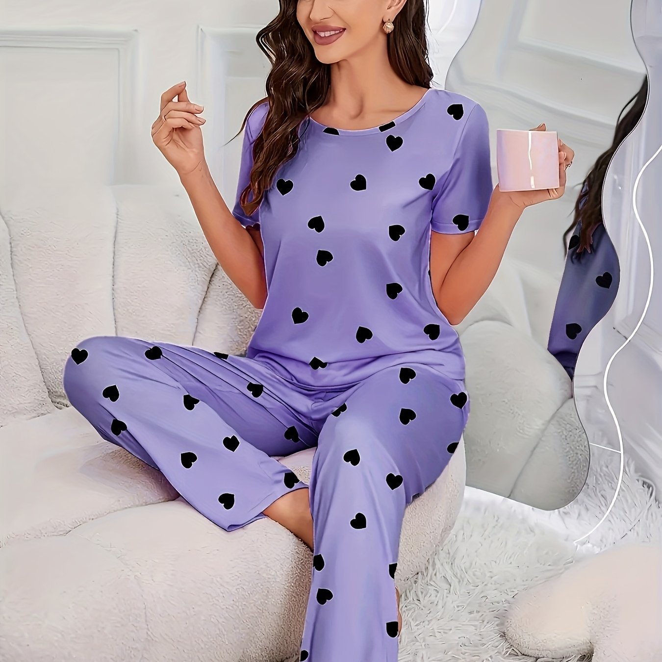 2pcs Sets Women's Heart Print Pajamas Set, Casual Comfortable Short Sleeve T-Shirt & Elastic Waist Trousers Pj Set, Ladies Sleepwear for All Seasons