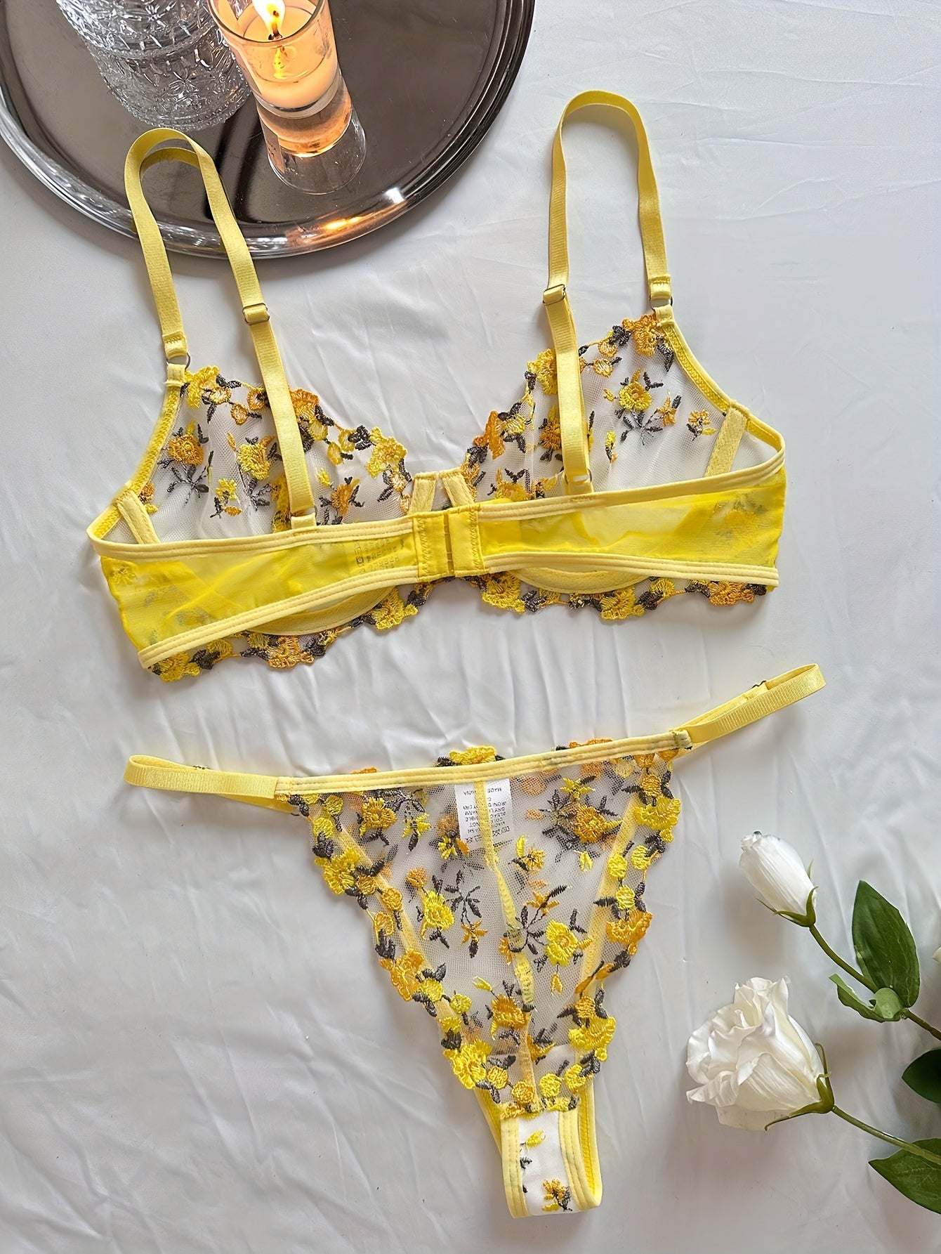 Romantic Floral Embroidery Lingerie Set - Delicate Mesh Unlined Bra & Sheer Thong - Womens Seductive, Comfortable Underwear for Intimate Glamour - Perfect Gift Choice
