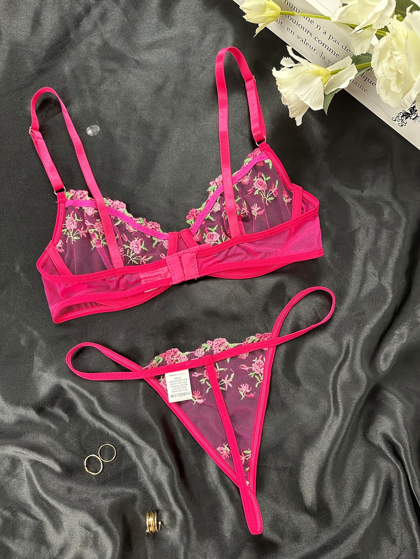 Romantic Floral Embroidered Lingerie Set - Lightweight Sheer Bra & Seductive Mesh Thong - Unlined, Feminine & Sexy Underwear for Women