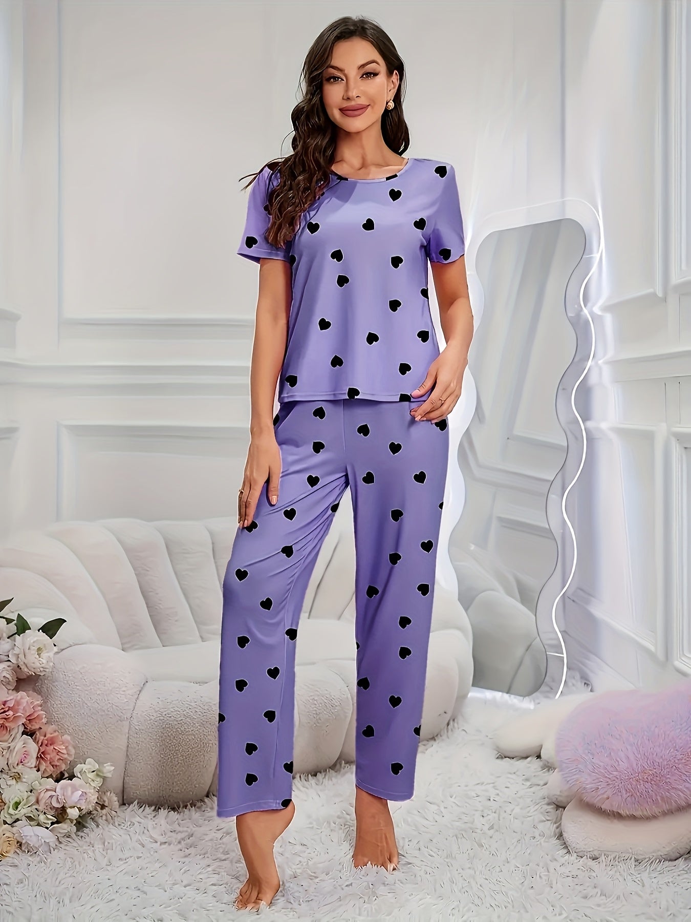 2pcs Sets Women's Heart Print Pajamas Set, Casual Comfortable Short Sleeve T-Shirt & Elastic Waist Trousers Pj Set, Ladies Sleepwear for All Seasons