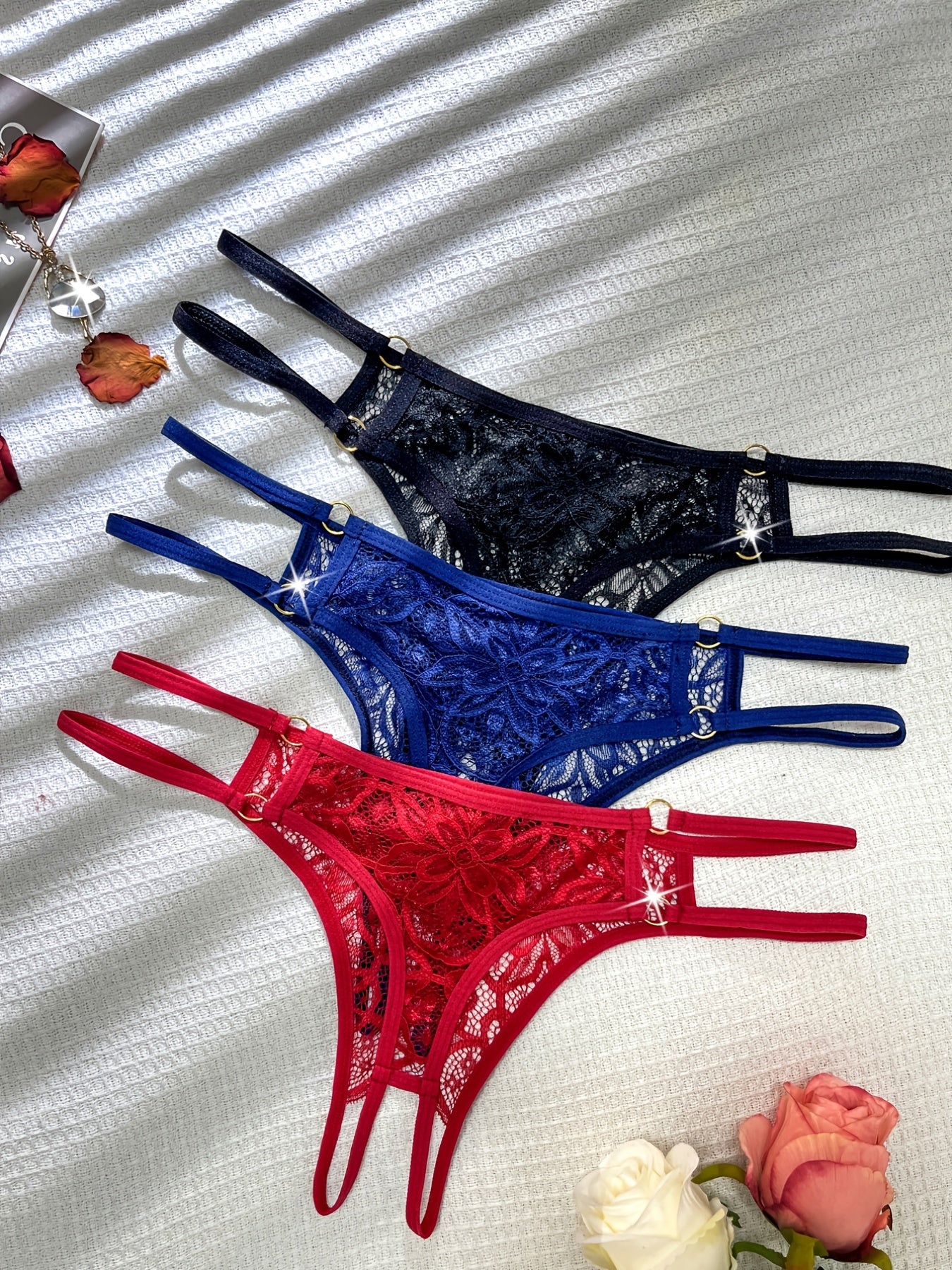 3pcs Seductive Cutout Lace Thong Lingerie Set - Comfortable Dual-Band Support, Discreet Open Crotch, Womens Sexy Underwear Collection