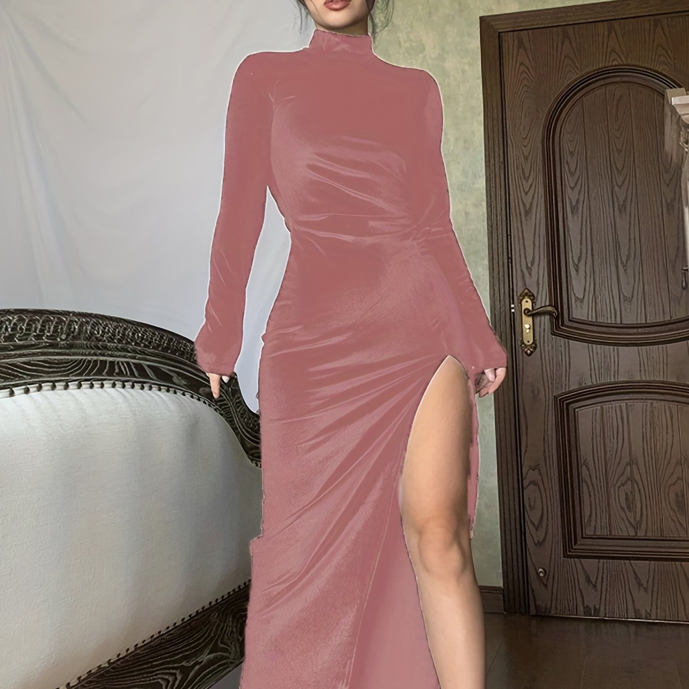 Chic Ruched Split Thigh Dress - High Collar, Long Sleeve, Solid Hue, Elegant Party Wear for Women - Fashionable & Form-Fitting