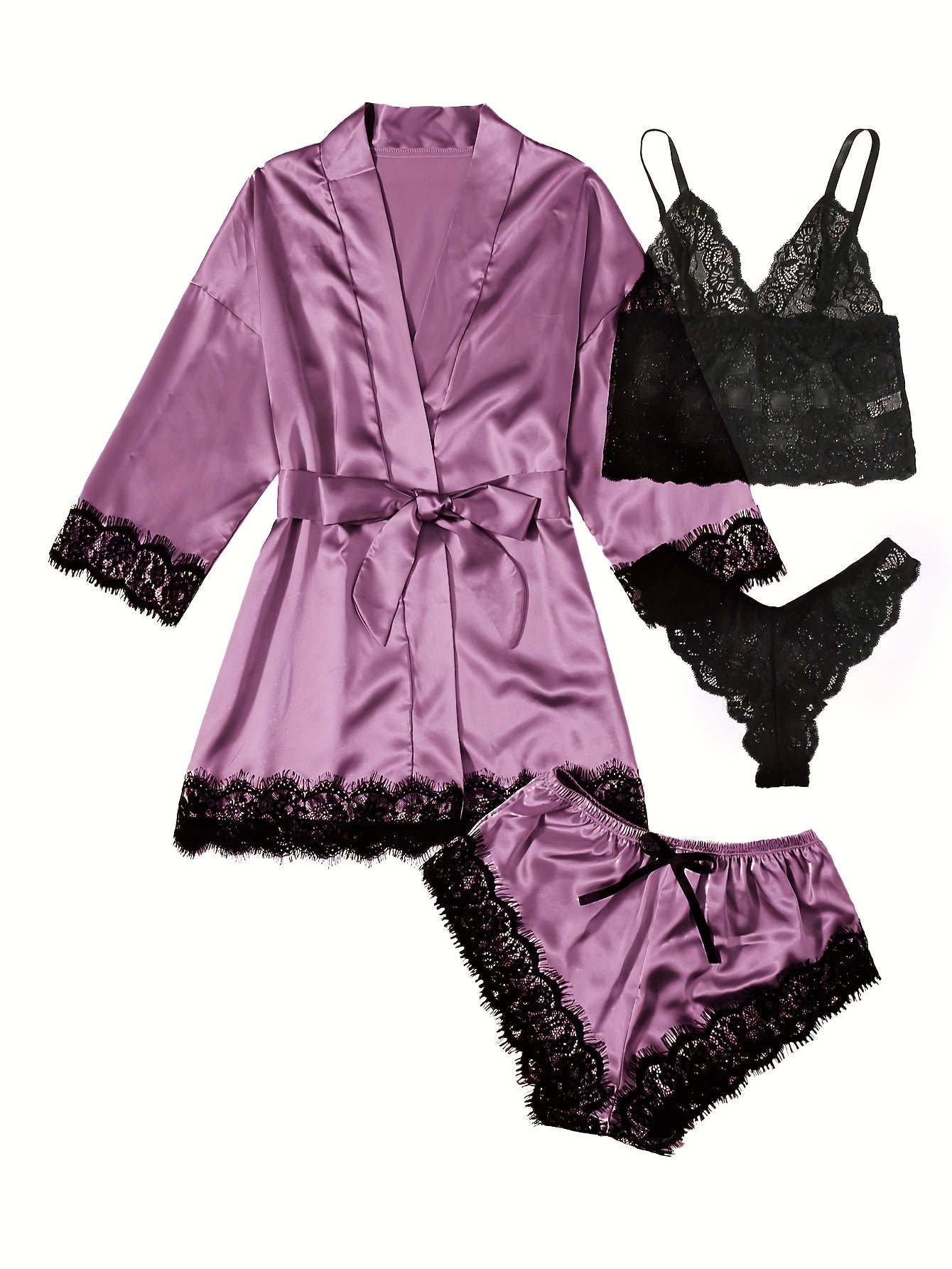Women' Silk Satin Pajamas Set 4pcs Lingerie Floral Lace Cami Sleepwear with Robe