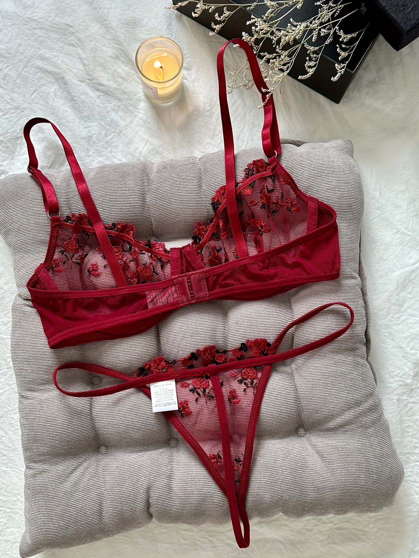 Romantic Floral Embroidered Lingerie Set - Lightweight Sheer Bra & Seductive Mesh Thong - Unlined, Feminine & Sexy Underwear for Women