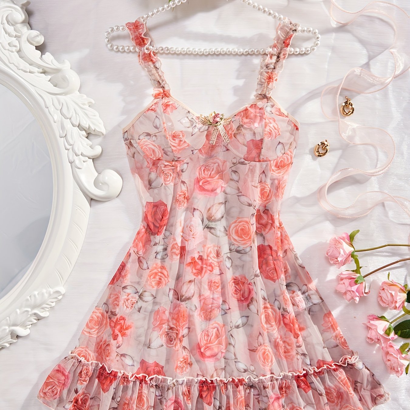Lace Hollow Out Nightgown, Deep V-backless Bow Nightgown, Orange Women's Pajamas And Dresses