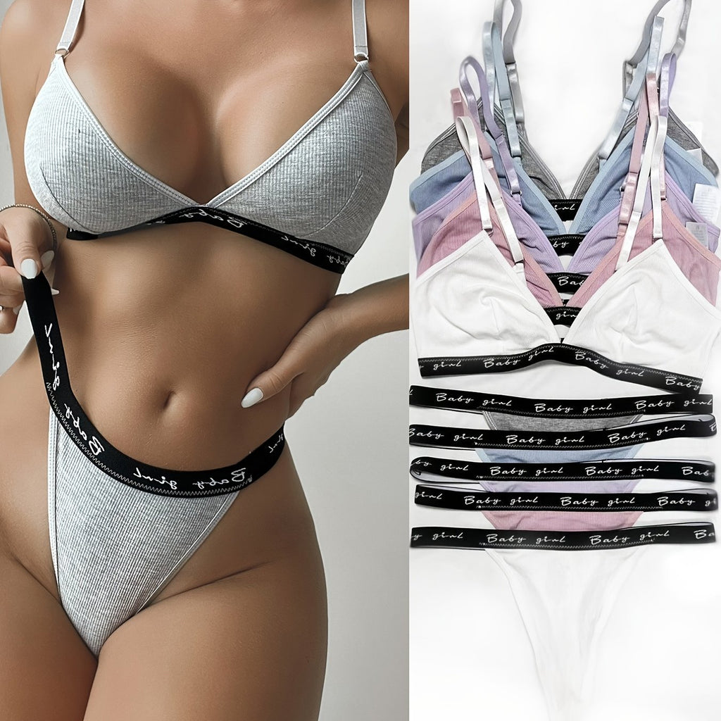 5 Sets Letter Print Bra & Panties, Casual Plunge Bra & Thong Panties Lingerie Set, Women's Lingerie & Underwear