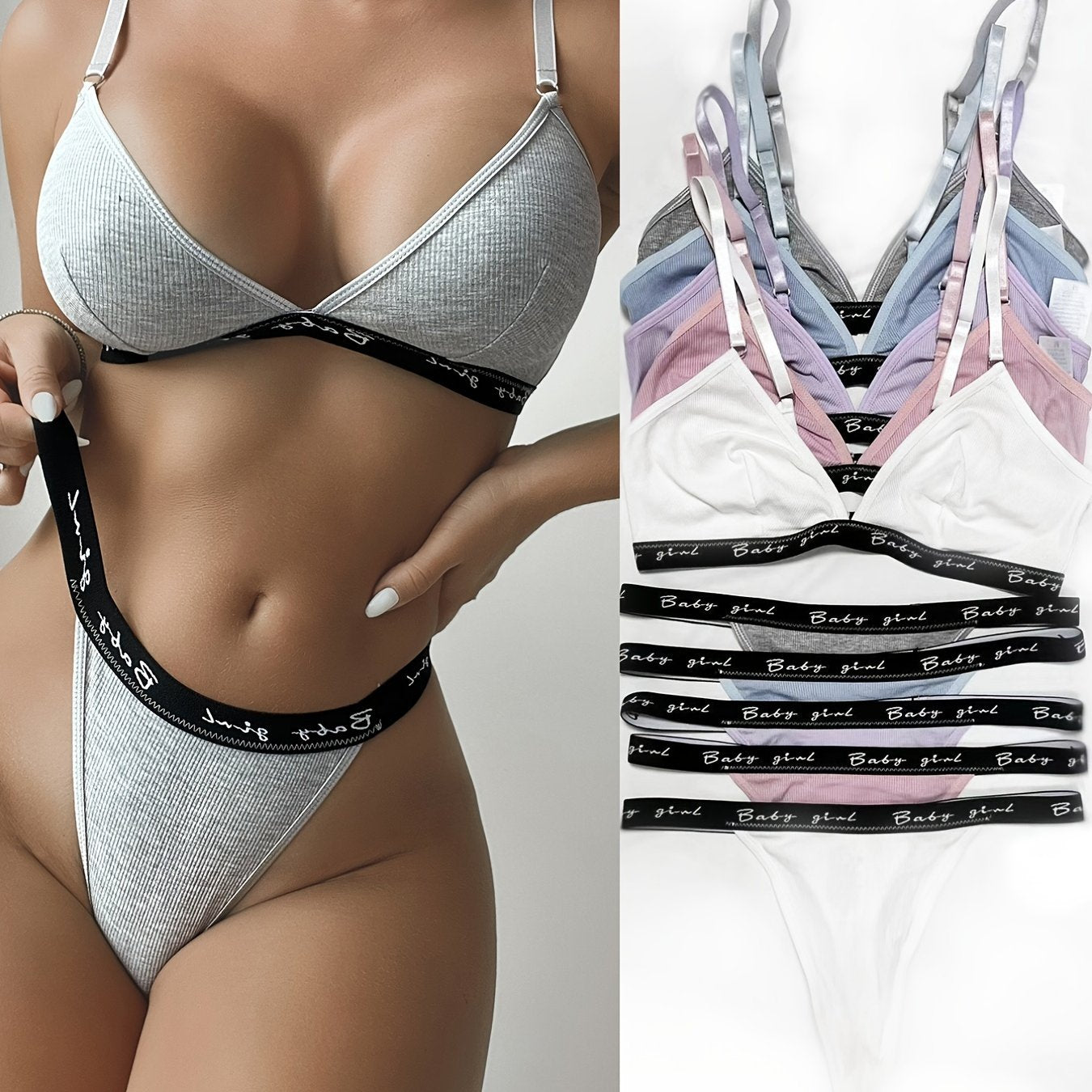 5 Sets Letter Print Bra & Panties, Casual Plunge Bra & Thong Panties Lingerie Set, Women's Lingerie & Underwear