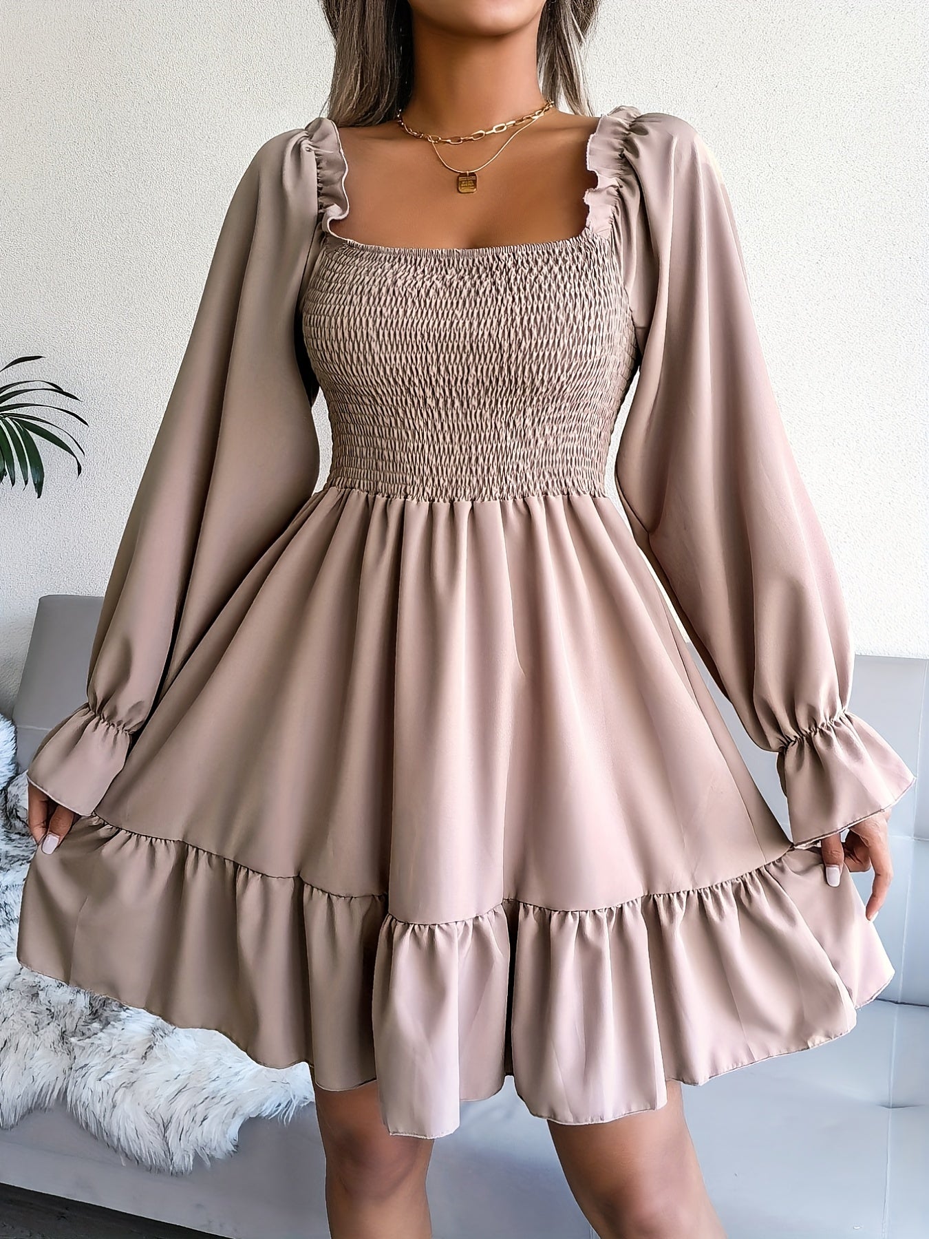 Flirty Squared Neck Ruffle Hem Dress - Feminine Shirred Detail, Timeless Solid Color, Perfect for Spring & Fall Wardrobe