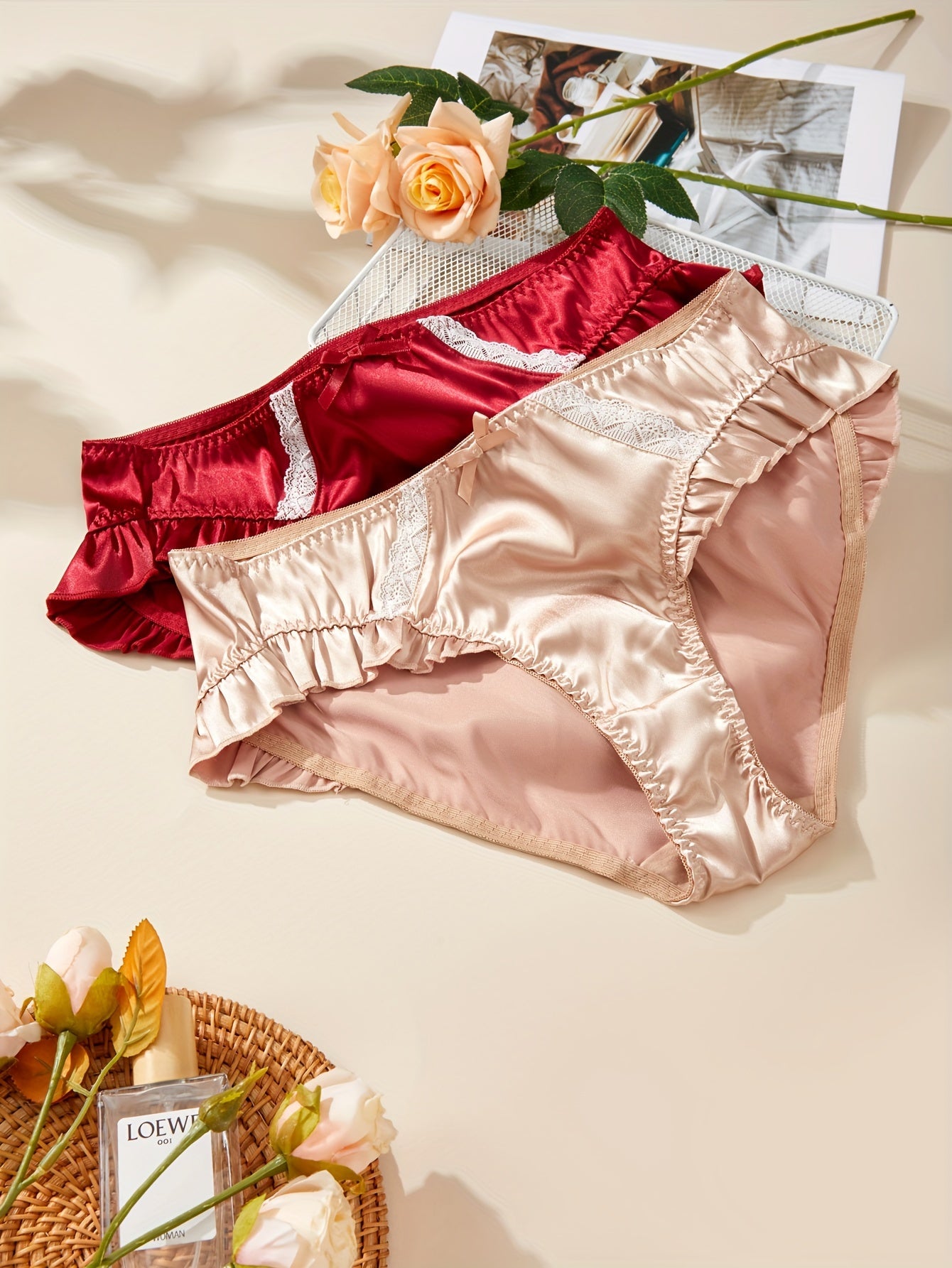 3-Pack Women'S Satin Color Panties, Low-Rise, Breathable, Comfortable, Cute Bow Detail, Solid Color, Polyester, Ladies' Underwear, Pajamas, Loungewear