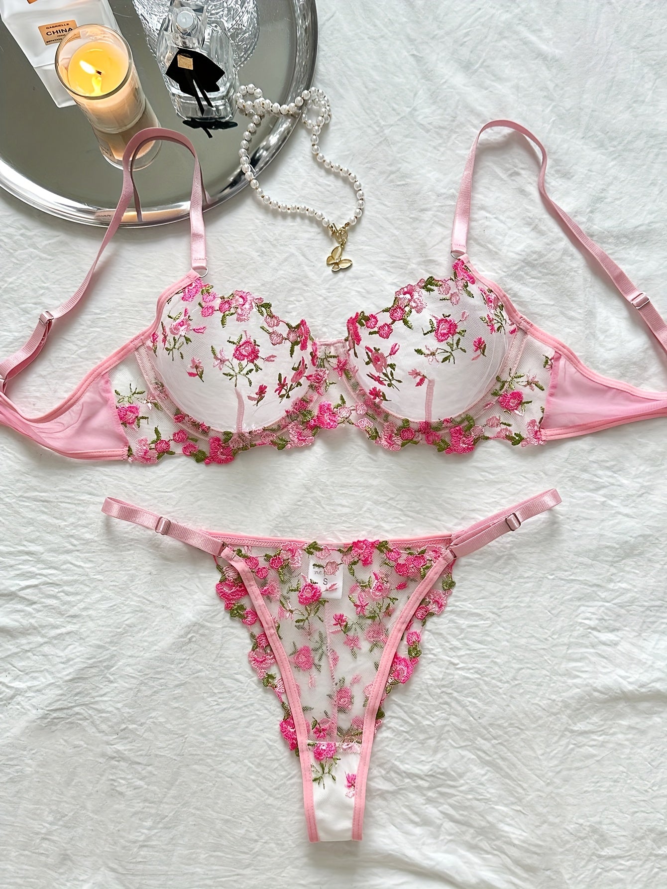 Romantic Floral Embroidery Lingerie Set - Delicate Mesh Unlined Bra & Sheer Thong - Womens Seductive, Comfortable Underwear for Intimate Glamour - Perfect Gift Choice