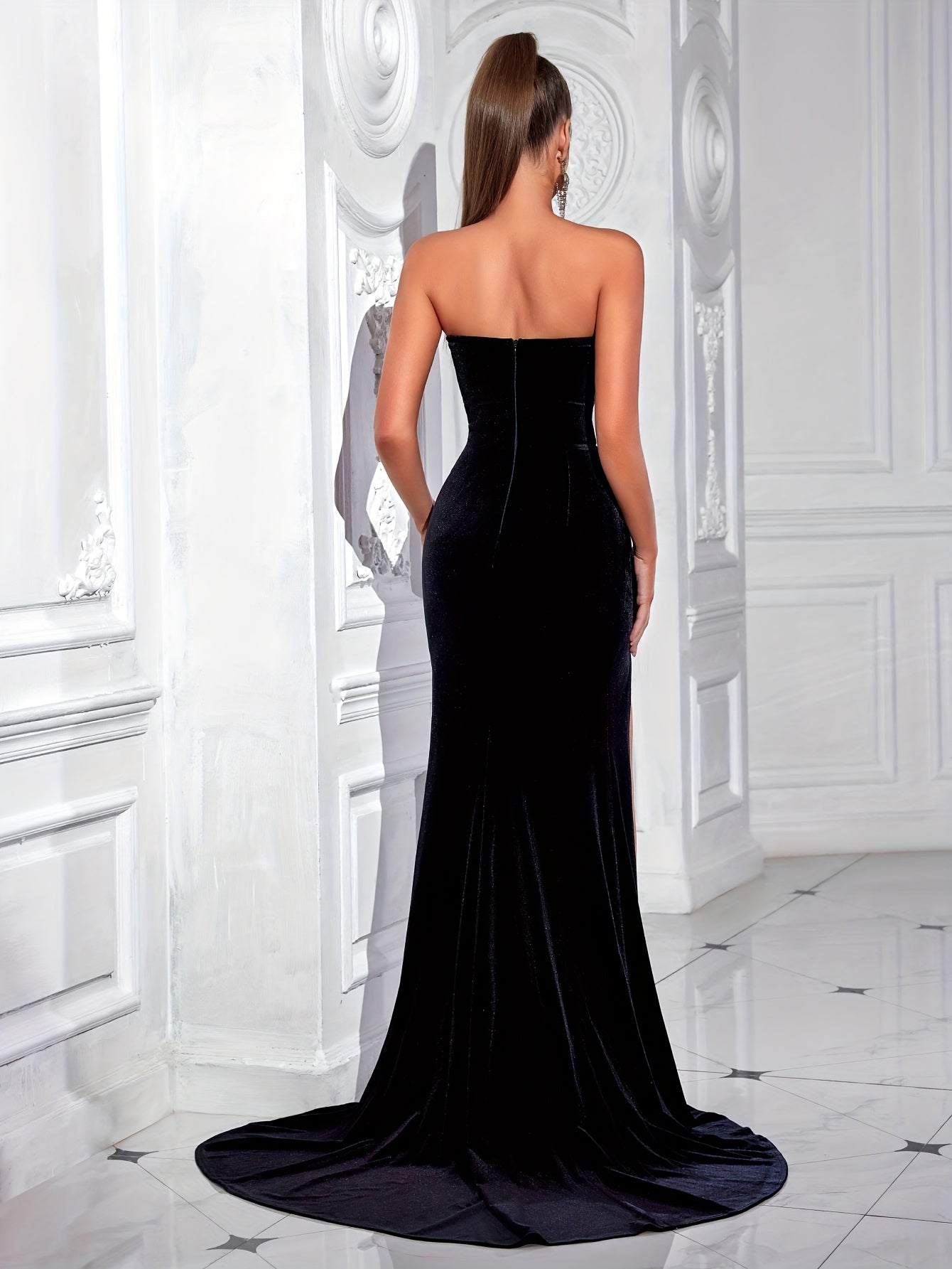 [One U-shaped Tube Top Dress] U-shaped Tube Top High Waist Front Split Backless Dance Party Dress Women's Formal Evening Gown Skirt with Random Pattern Placement