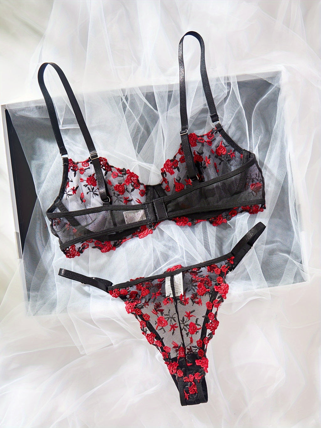 Romantic Floral Embroidery Lingerie Set - Delicate Mesh Unlined Bra & Sheer Thong - Womens Seductive, Comfortable Underwear for Intimate Glamour - Perfect Gift Choice