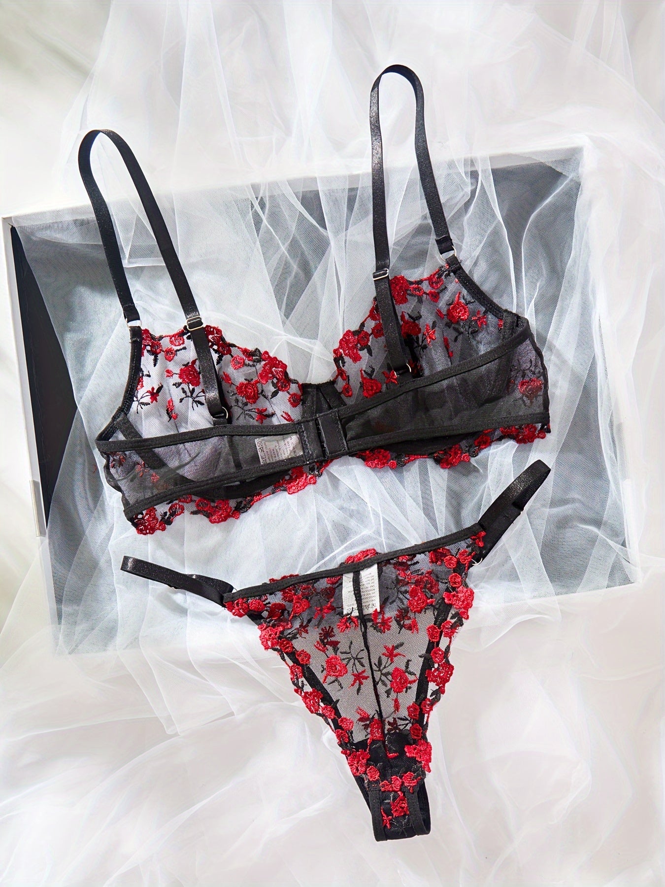 Romantic Floral Embroidery Lingerie Set - Delicate Mesh Unlined Bra & Sheer Thong - Womens Seductive, Comfortable Underwear for Intimate Glamour - Perfect Gift Choice