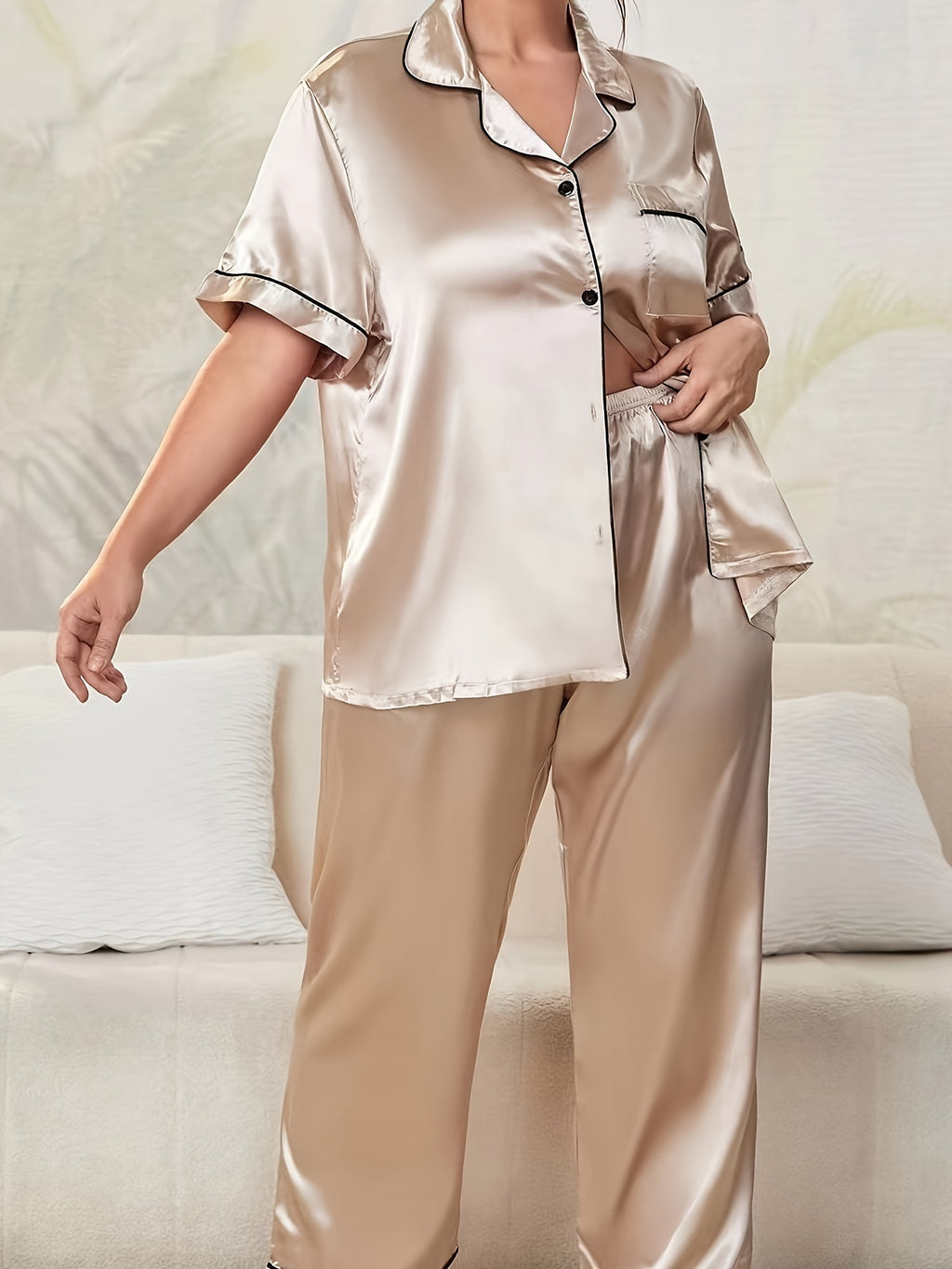 Women's Elegant Pajamas Set, Plus Size Contrast Binding Short Sleeve Button Up Satin Blouse & Pants Lounge 2 Piece Set