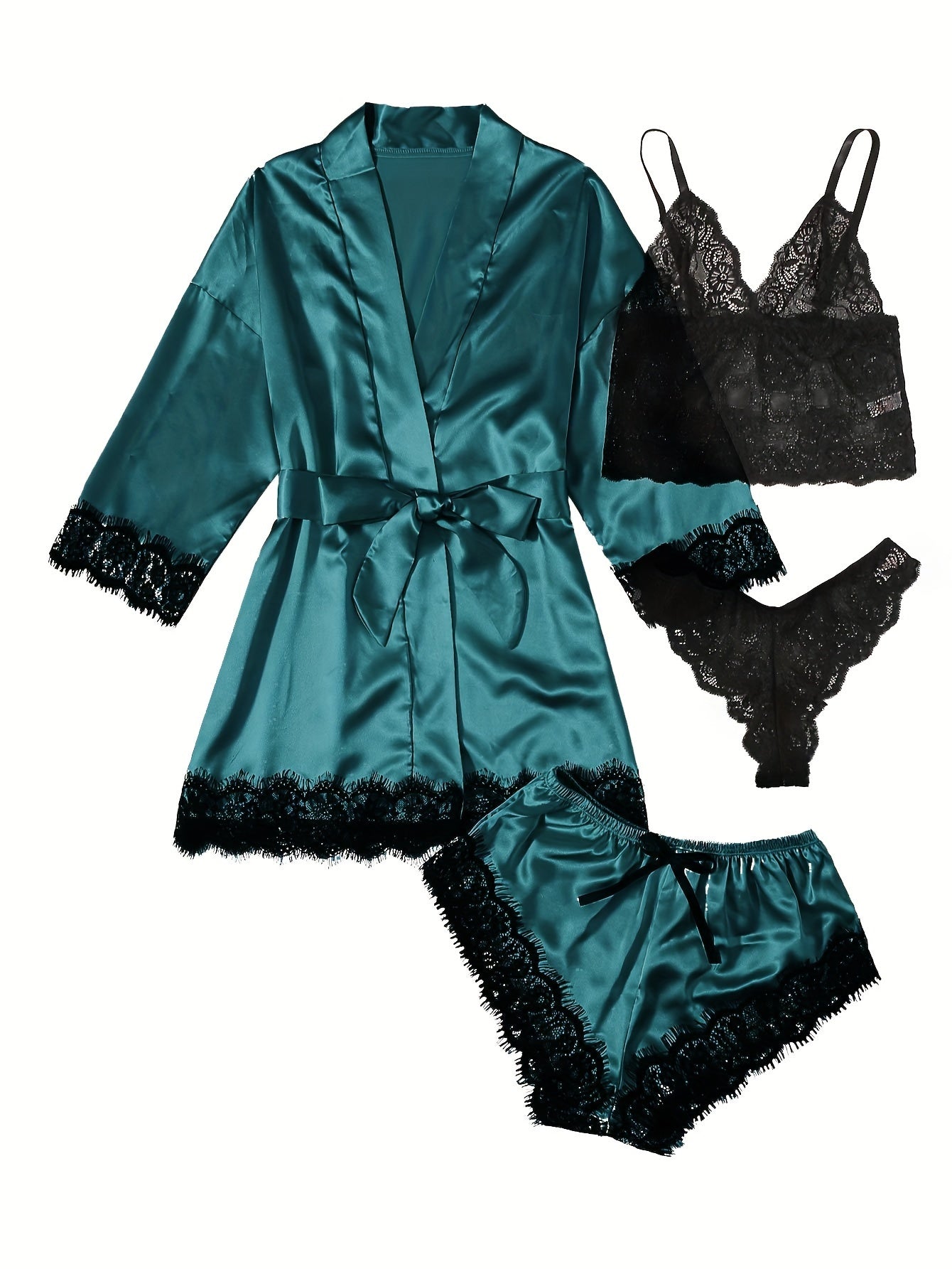 Women' Silk Satin Pajamas Set 4pcs Lingerie Floral Lace Cami Sleepwear with Robe