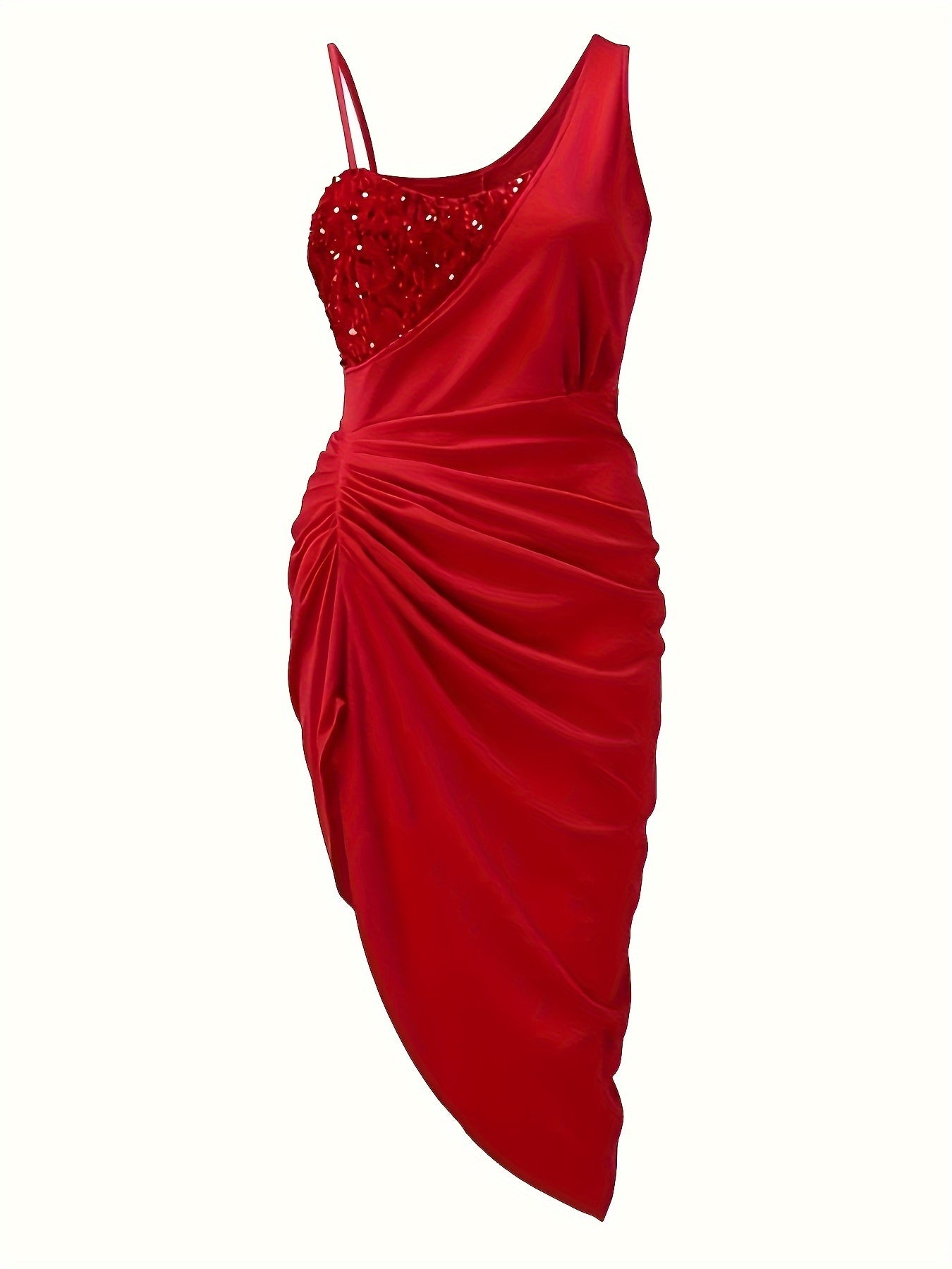 Stunning Sequined Ruched Asymmetrical Bodycon Dress - Elegant Sleeveless Party Dress for Women, Featuring Flattering Fit, Shining Sequins, and Flowy Hem - Perfect for Banquet, Prom, and Formal Events