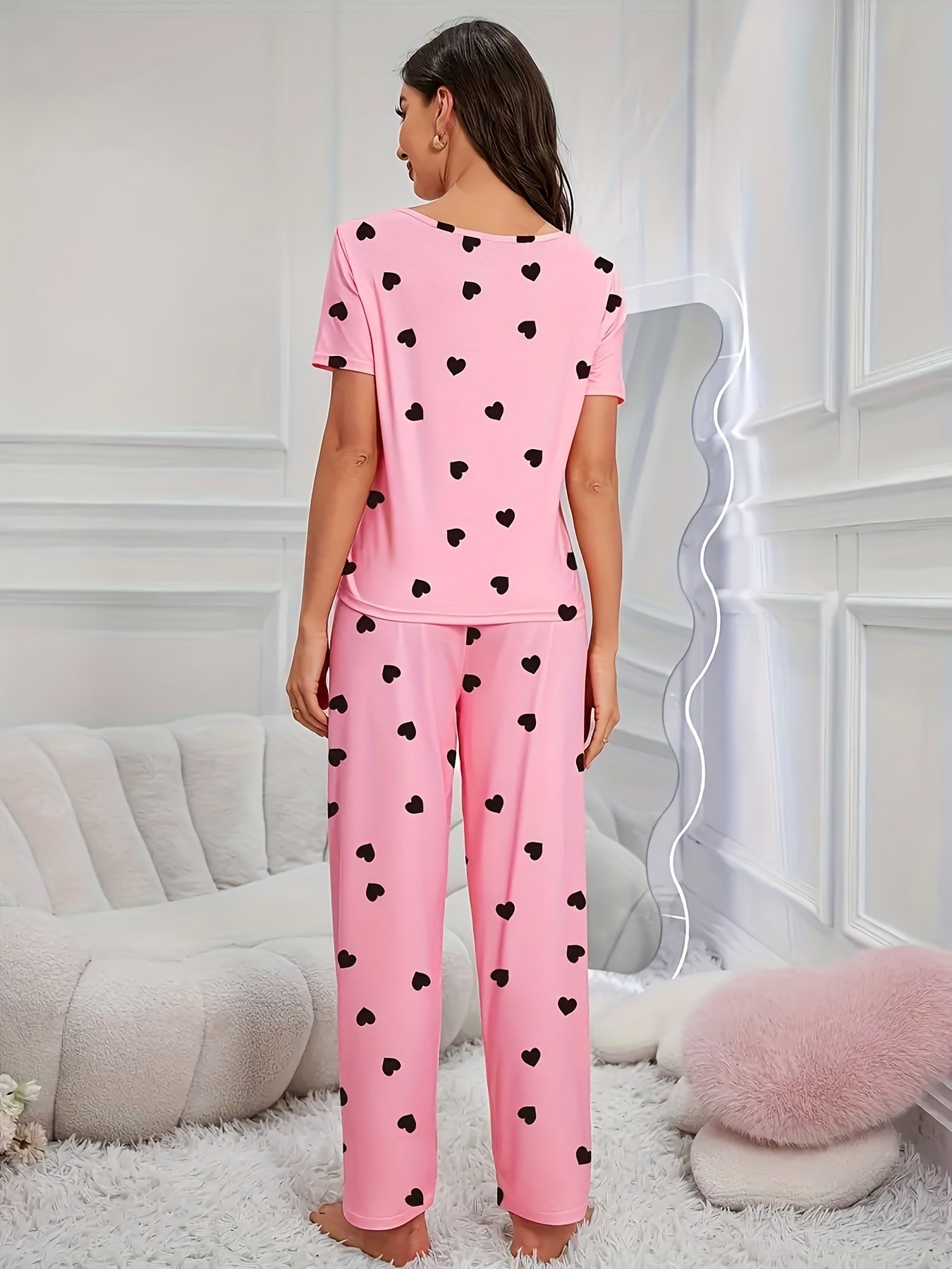2pcs Sets Women's Heart Print Pajamas Set, Casual Comfortable Short Sleeve T-Shirt & Elastic Waist Trousers Pj Set, Ladies Sleepwear for All Seasons