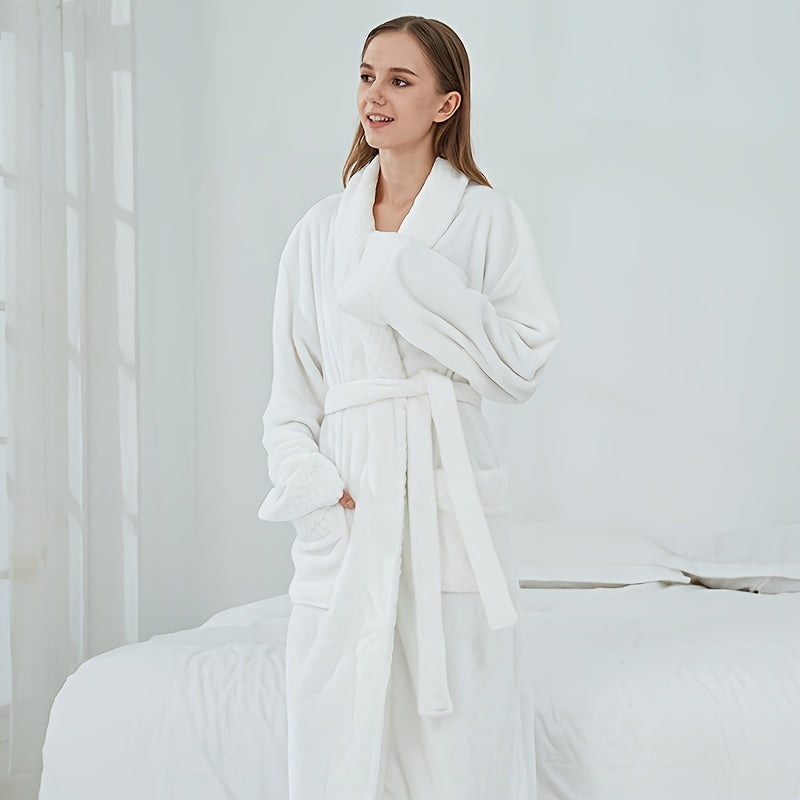 1pc Autumn Winter Flannel Bathrobe, Soft And Skin-friendly Pajamas, Thickened Unisex Nightgown, Warm Long Robe Sleepwear For Home, Bathroom Supplies, Bathroom Accessory