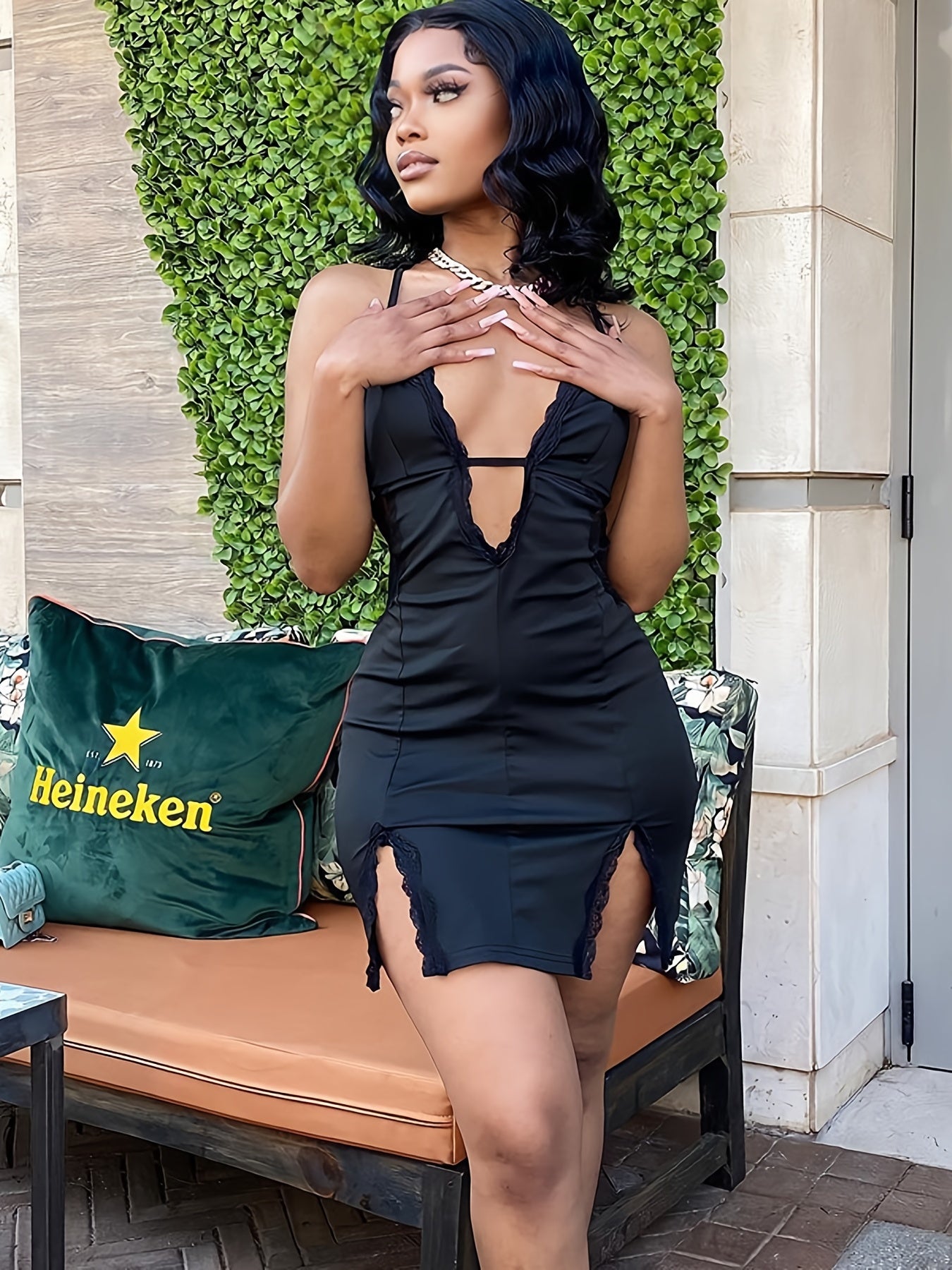 Lace Contrast Bodycon Cami Dress - Sexy Backless Plunging V-neck Spaghetti Dress - Stretchy Fabric - For Women - Perfect for Parties & Night Out - Ideal Gift for Her