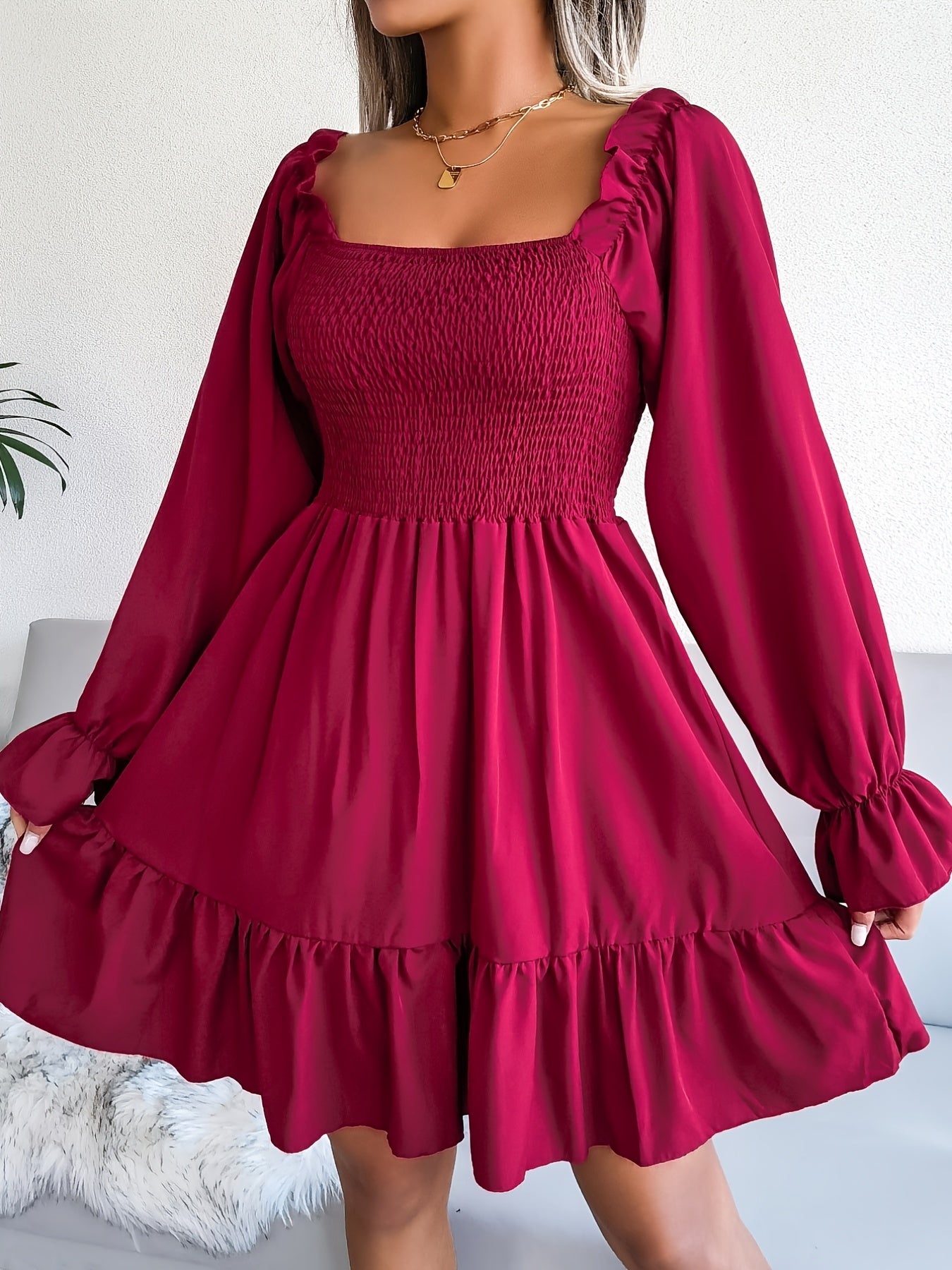 Flirty Squared Neck Ruffle Hem Dress - Feminine Shirred Detail, Timeless Solid Color, Perfect for Spring & Fall Wardrobe