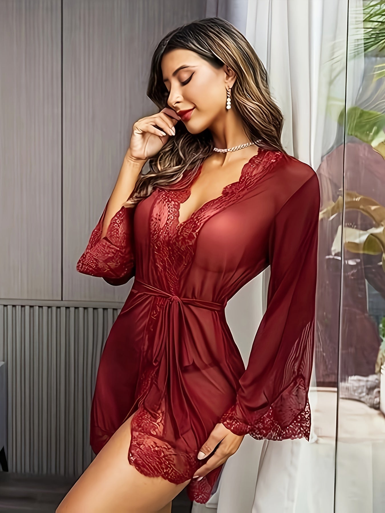 Splicing Lace Design Pajamas, Deep V-long Sleeved Nightgown with Belt, Women's Sexy Clothing