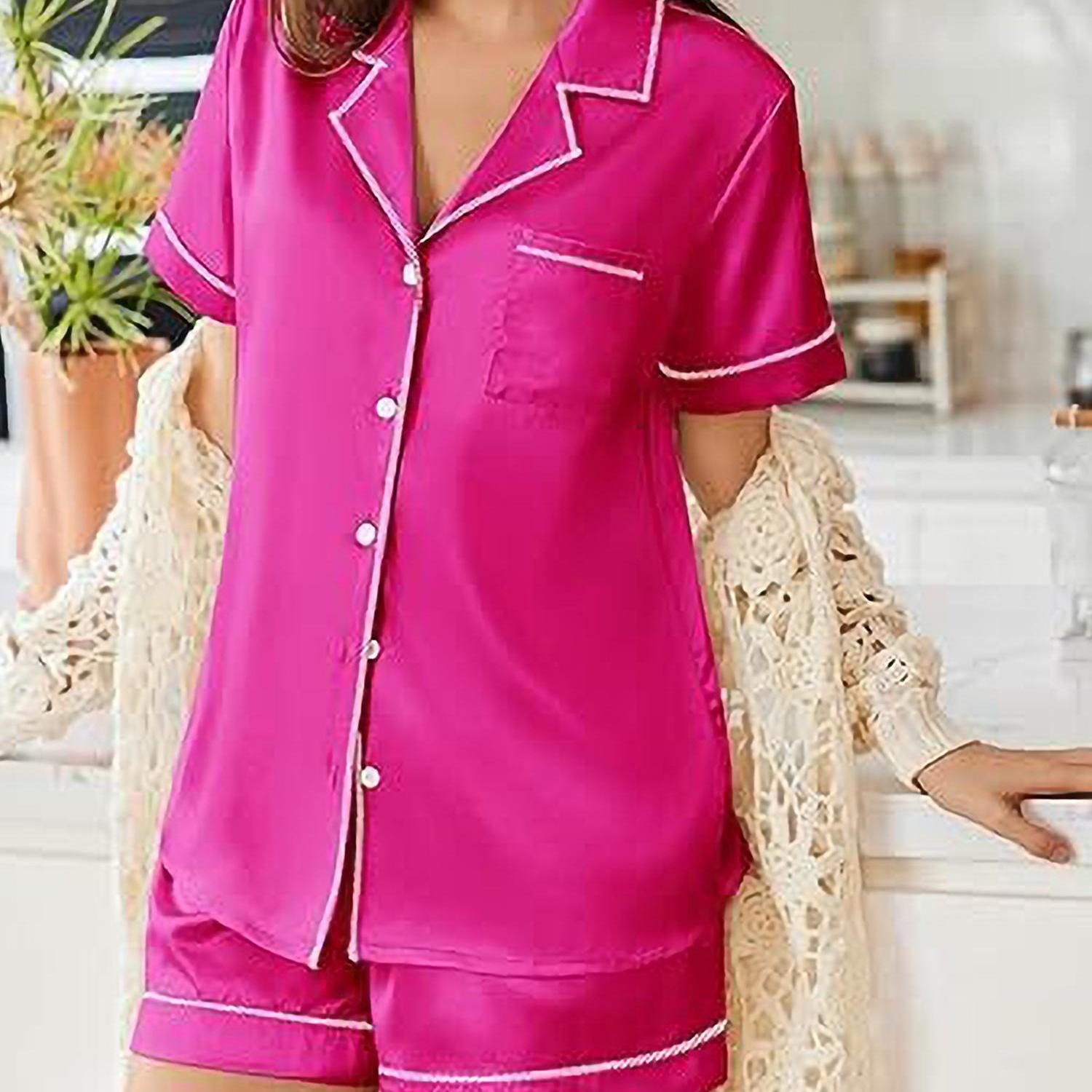 Womens Satin Pajamas Set Short Sleeve Sleepwear Button Down Top and Shorts Loungewear 2pcs Pjs Set casual summer outfits for women high quality sleep set wedding party honeymoon vacation