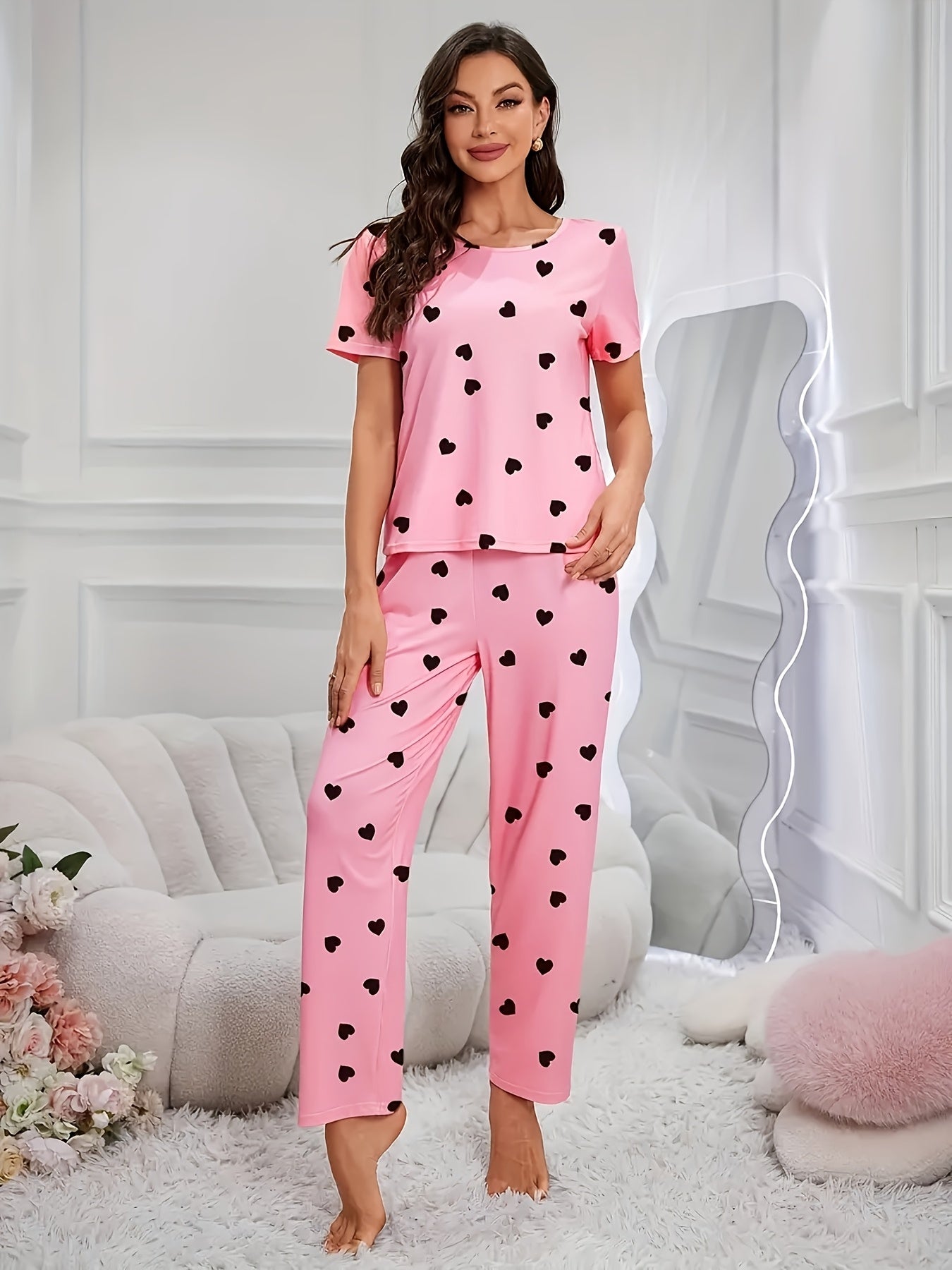 2pcs Sets Women's Heart Print Pajamas Set, Casual Comfortable Short Sleeve T-Shirt & Elastic Waist Trousers Pj Set, Ladies Sleepwear for All Seasons