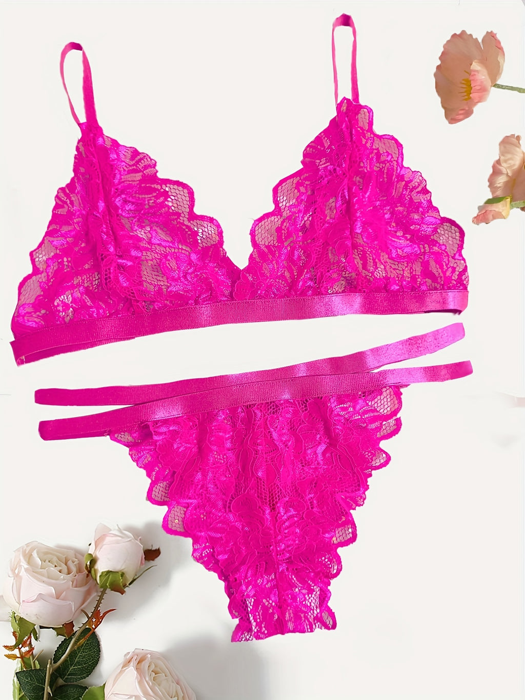 Sexy Floral Lace Lingerie Set - Triangle Cups Plunge Bra, Semi-Sheer Panties, Adjustable Straps, Comfortable Fit - Womens Romantic Underwear for Date Night or Special Occasions