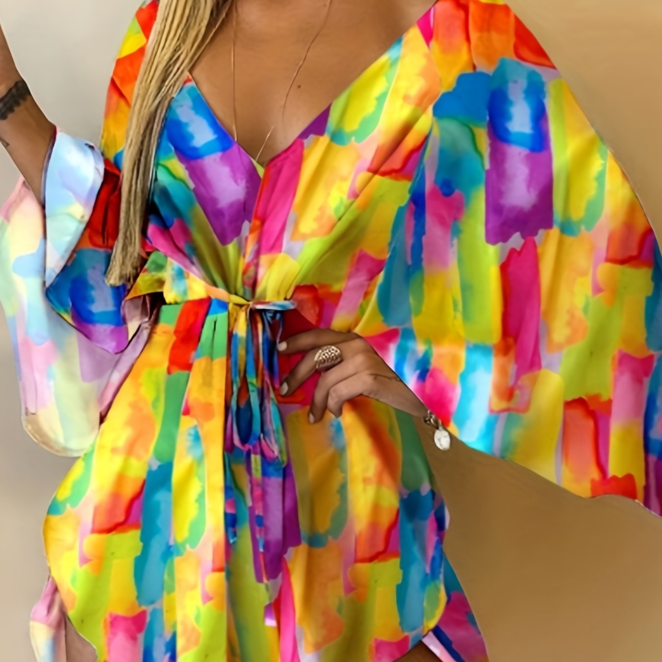Fashionable V Neck Batwing Dress - Vibrant Full Printed Design with Flattering Tie Waist - Perfect Casual Wear for Women