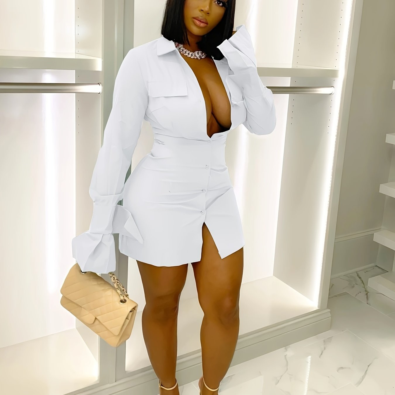 Womens Chic Long Sleeve Button-Up Mini Dress - Flattering Fit & Versatile Design - Trendy Casual Shirt Dress for All-Season Style