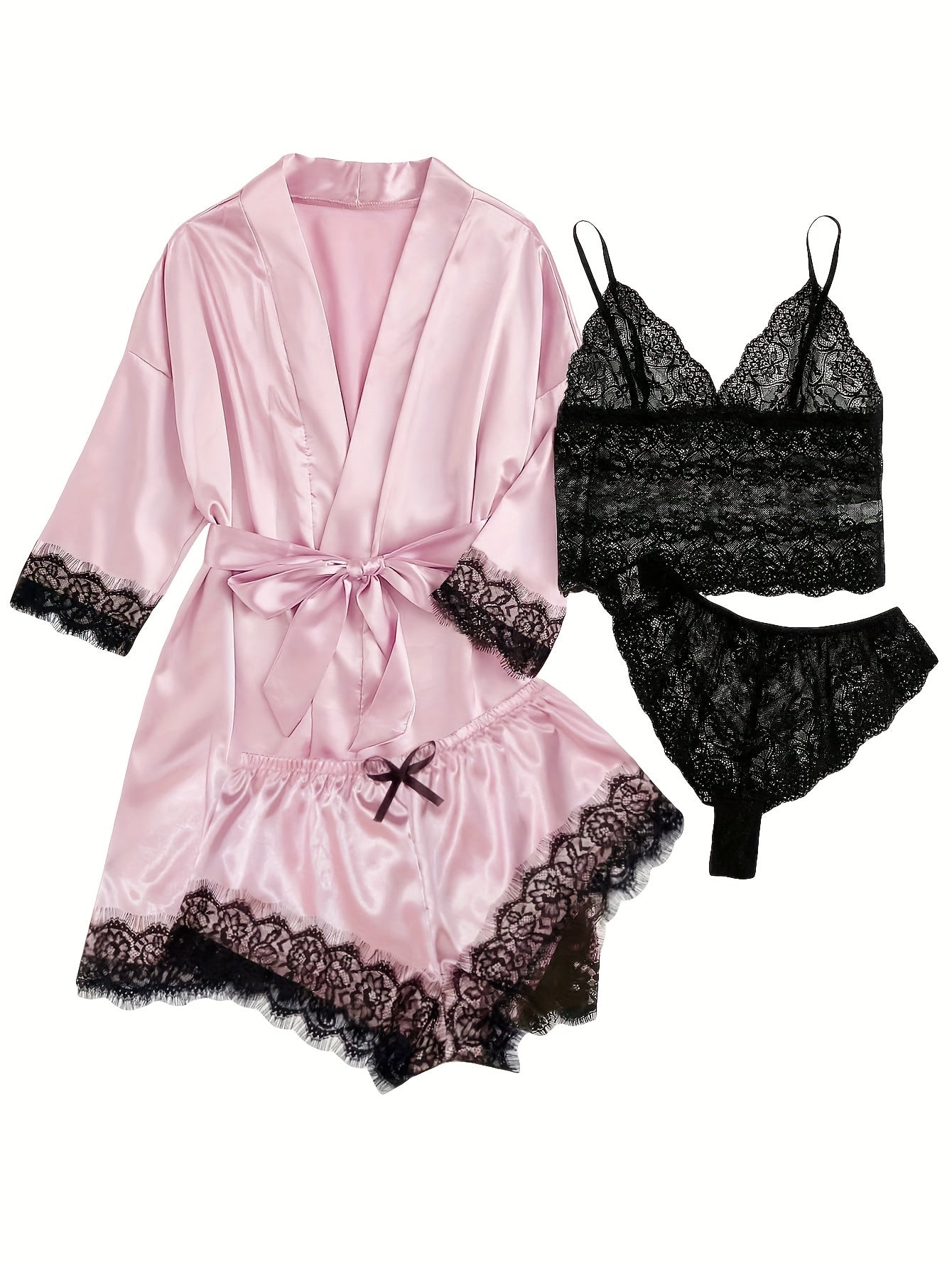 Women' Silk Satin Pajamas Set 4pcs Lingerie Floral Lace Cami Sleepwear with Robe