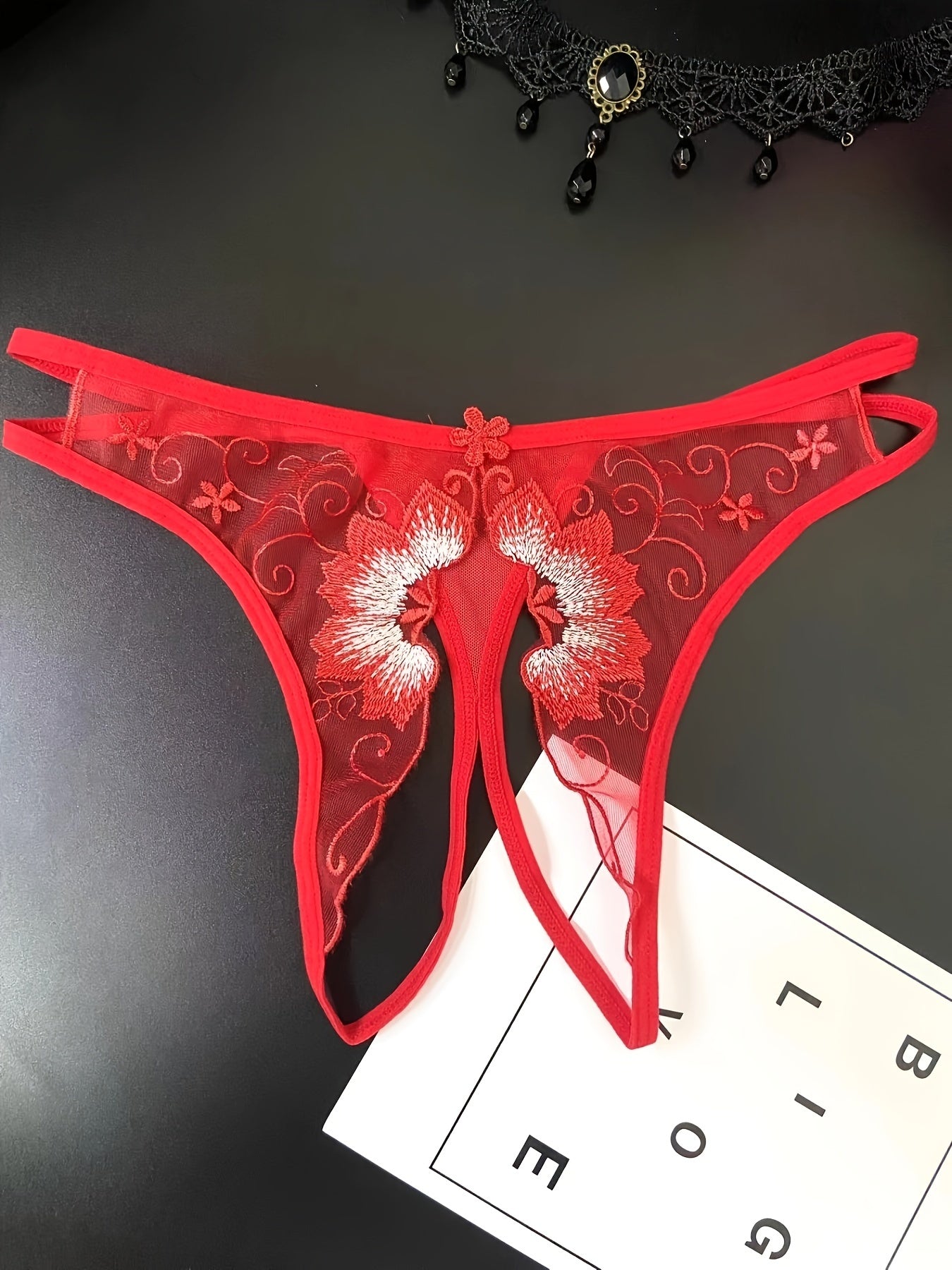 Delicate Floral Embroidered Mesh Thong Lingerie - Seductive Open Crotch & Ultra-Sheer Design - Breathable Womens Intimate Wear for Special Occasions