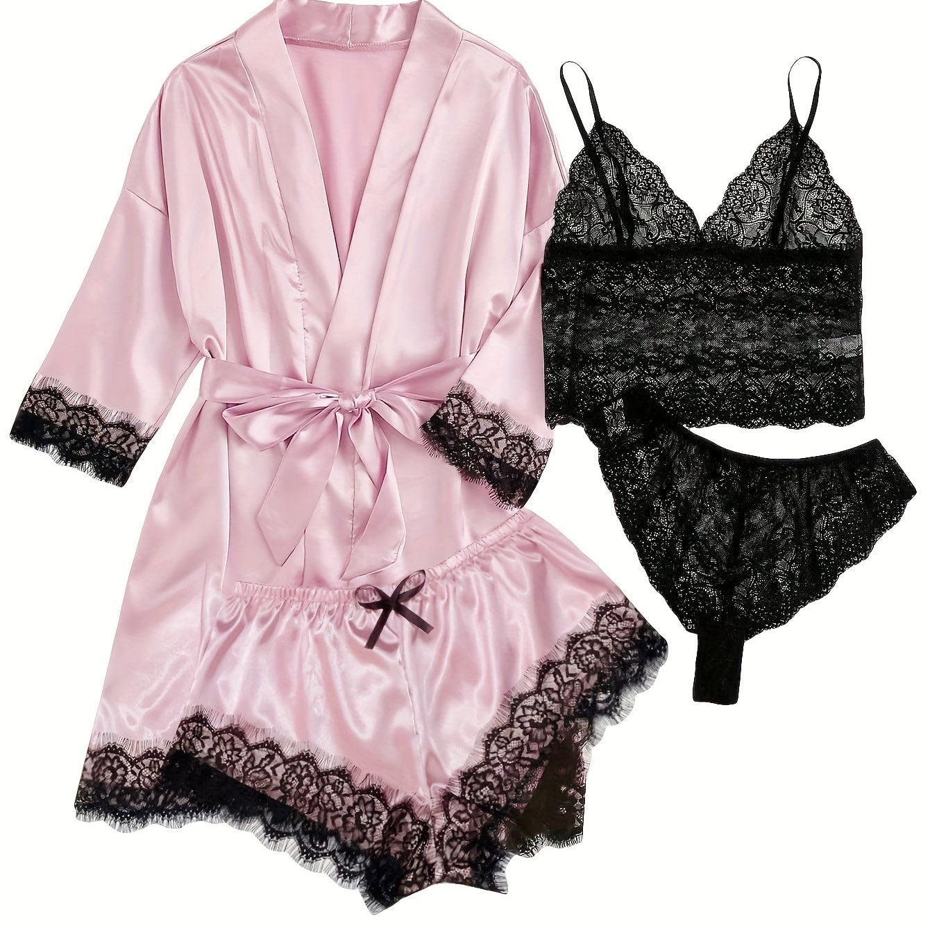 Women' Silk Satin Pajamas Set 4pcs Lingerie Floral Lace Cami Sleepwear with Robe