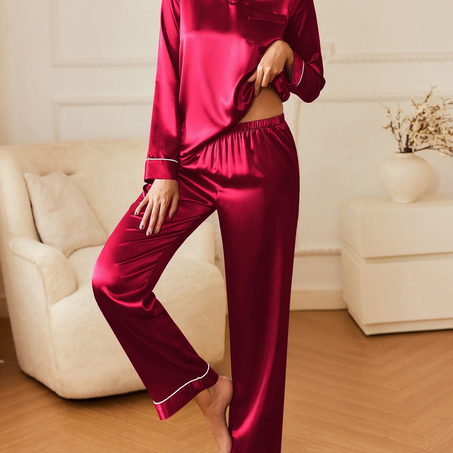 Luxurious V Neck Shirt with Long Pant Loungewear Satin Long Sleeve Pajamas Set Soft PJ Sleepwear Soft Nightwear Elegant Lounge Set Loose Relaxed skin-friendly Homewear V-neck top with Pj Pants Cute Pjs bridal parties pajamas