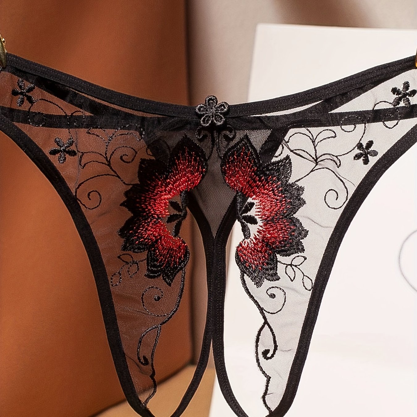 Delicate Floral Embroidered Mesh Thong Lingerie - Seductive Open Crotch & Ultra-Sheer Design - Breathable Womens Intimate Wear for Special Occasions