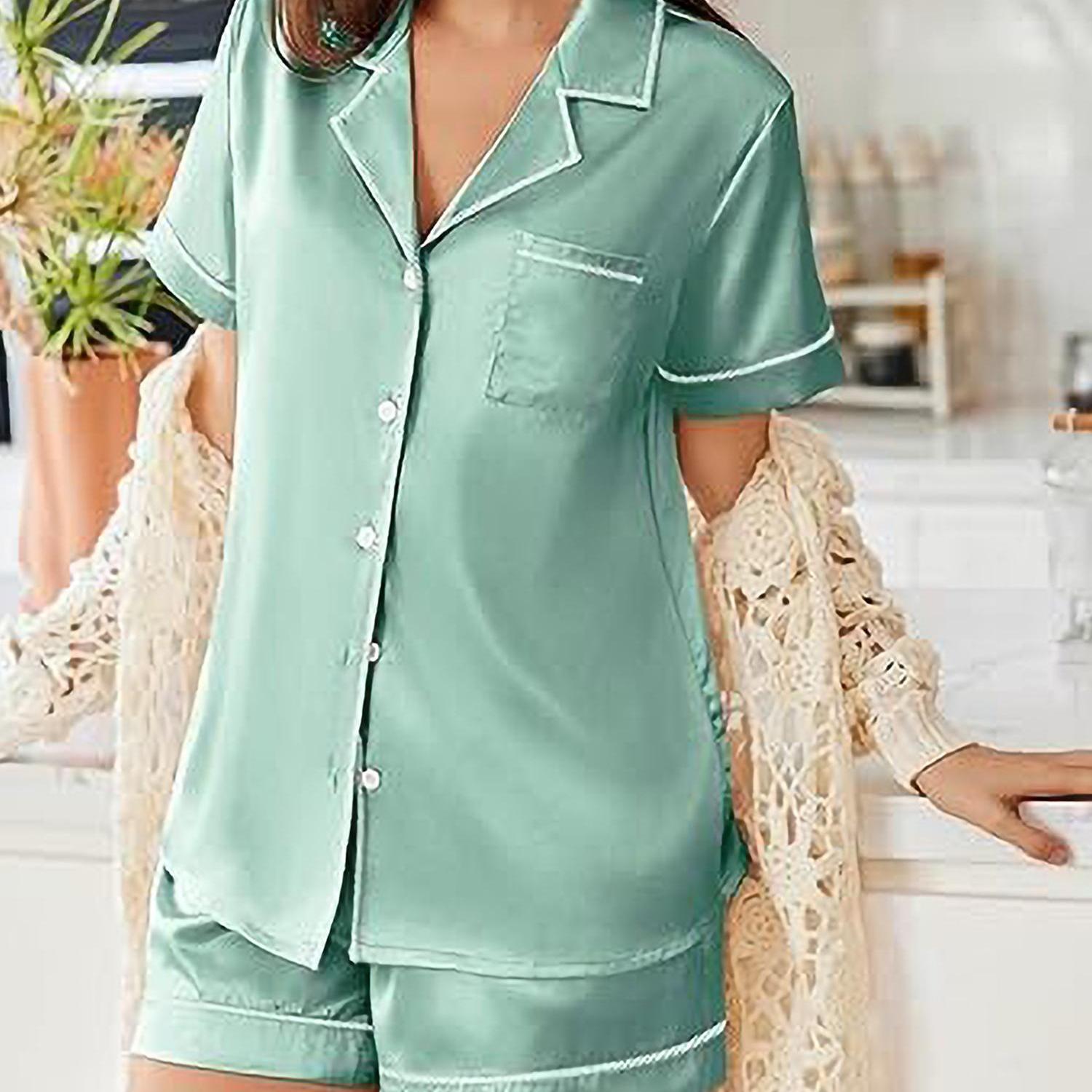 Womens Satin Pajamas Set Short Sleeve Sleepwear Button Down Top and Shorts Loungewear 2pcs Pjs Set casual summer outfits for women high quality sleep set wedding party honeymoon vacation